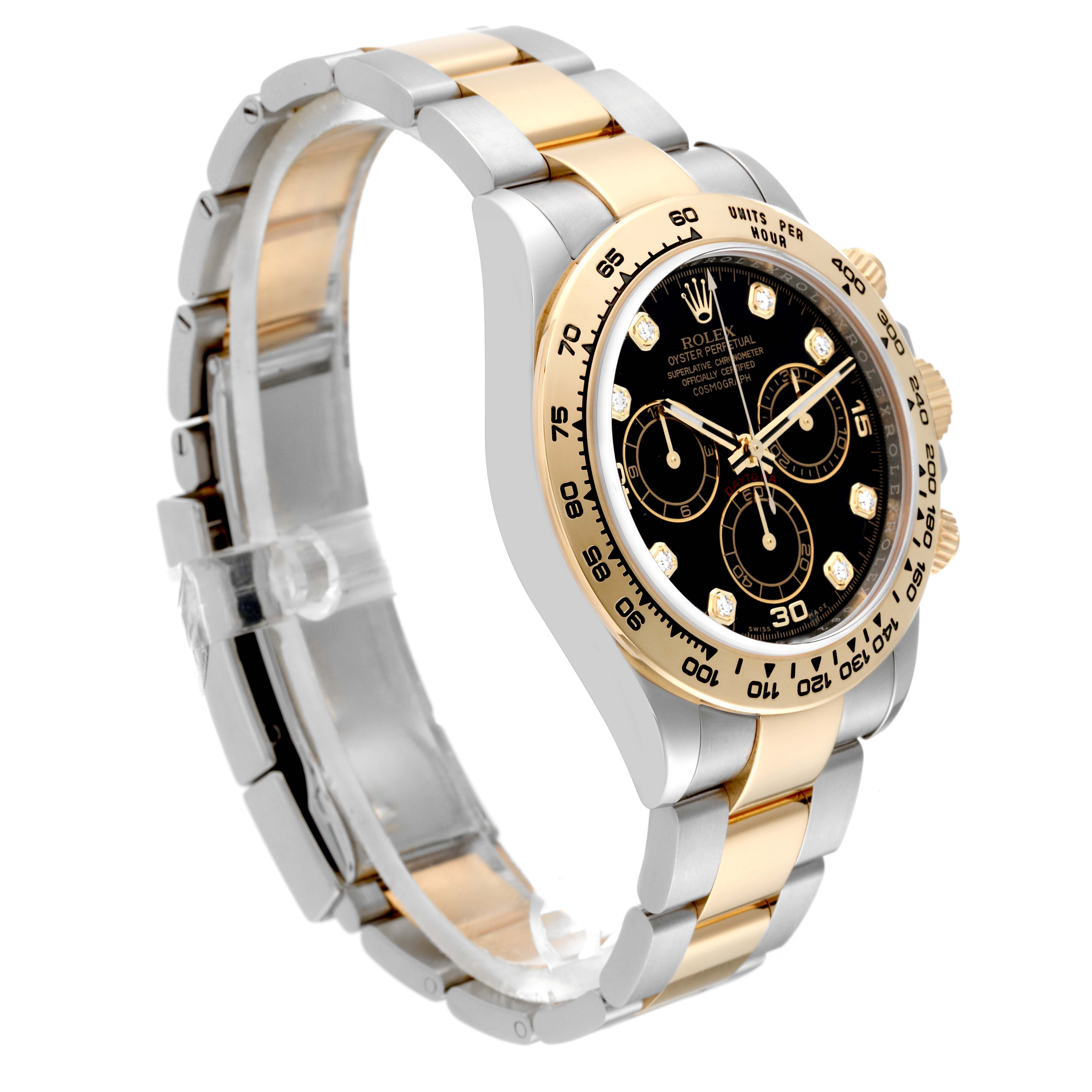 The Rolex Daytona 116503 Men
s Steel and Gold (two tone) Black Dial 116503 Men
s Steel and Gold (two tone) Black Dial is shown at an angled view displaying the face, bezel, and two-tone bracelet.