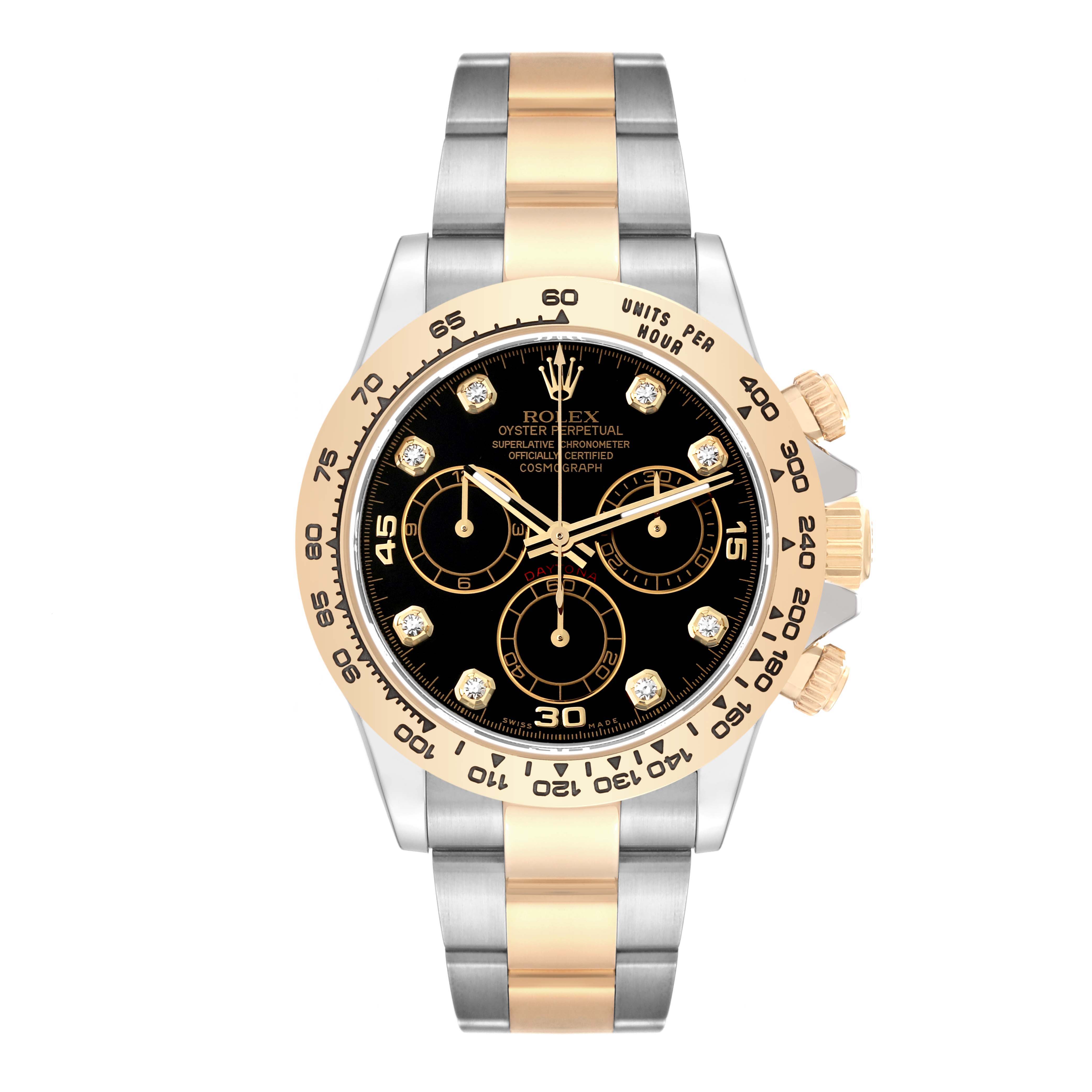 This image shows a Rolex Daytona 116503 Men
s Steel and Gold (two tone) Black Dial 116503 Men
s Steel and Gold (two tone) Black Dial watch with a two-tone bracelet and a black dial viewed from the front.