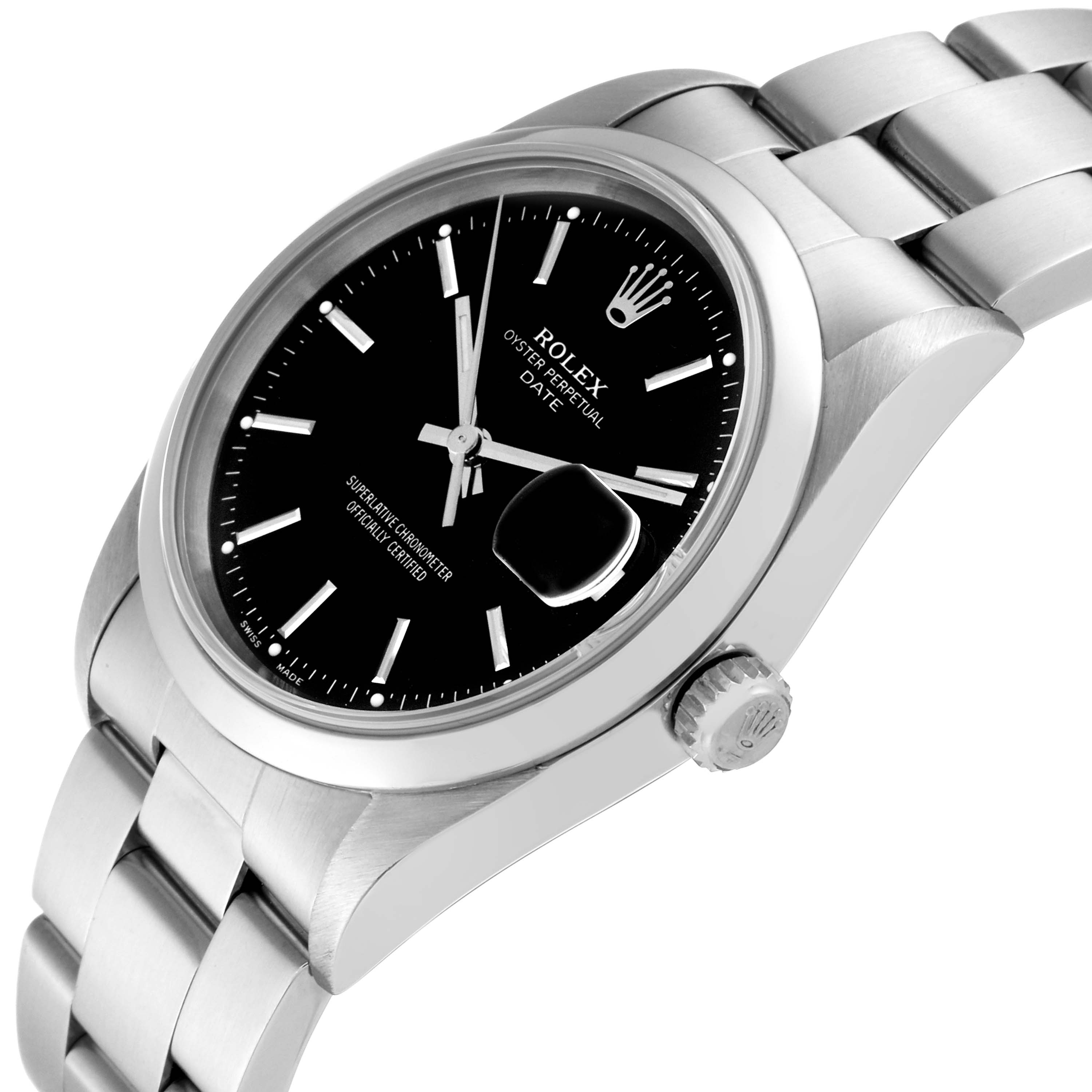The Rolex Date 15200 Men
s Stainless Steel Black Dial 15200 Men
s Stainless Steel Black Dial model watch is shown at an angled close-up, highlighting the dial, bezel, case, crown, and bracelet.