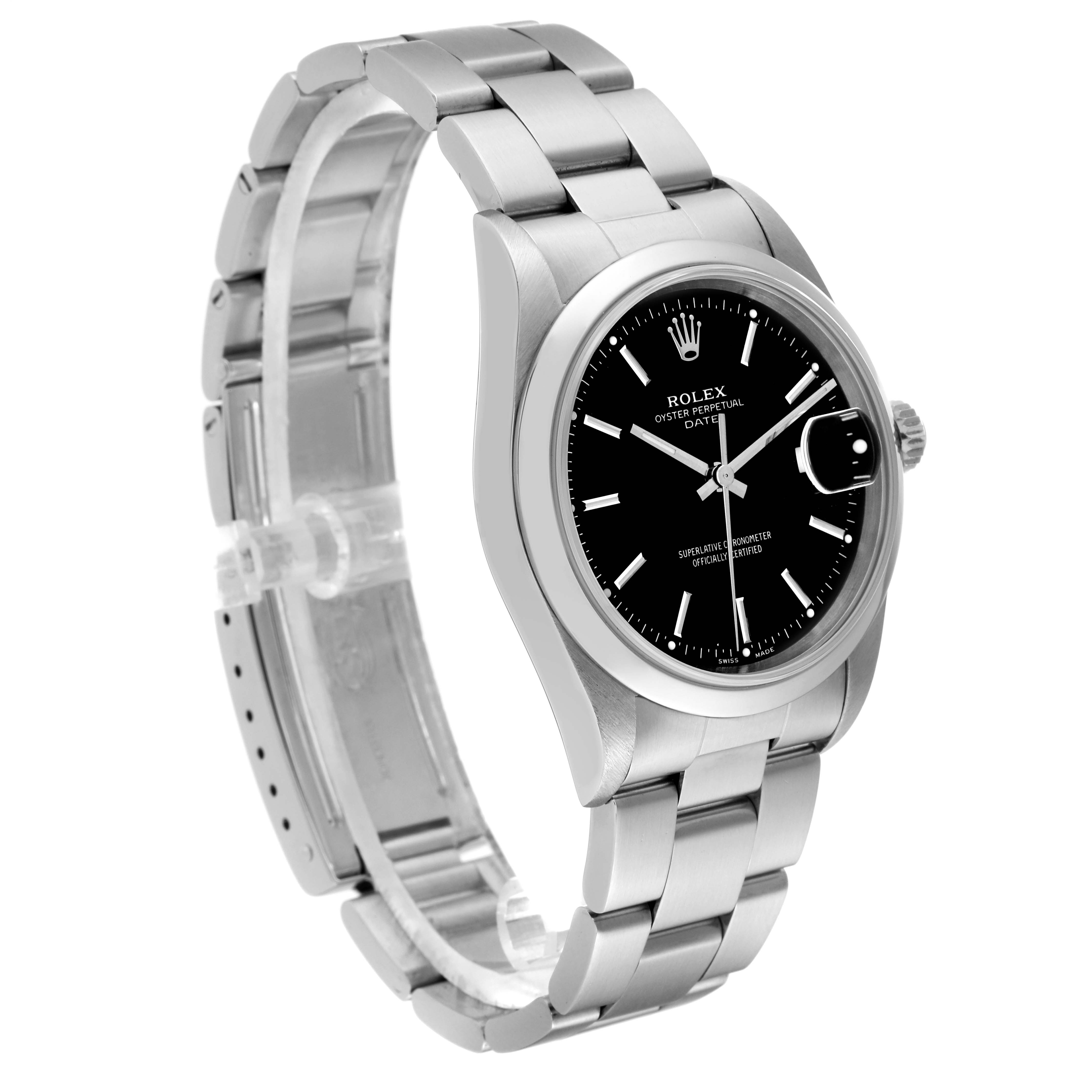 The image shows a Rolex Oyster Perpetual Date watch at a slight side angle, featuring its bracelet, case, and black dial.