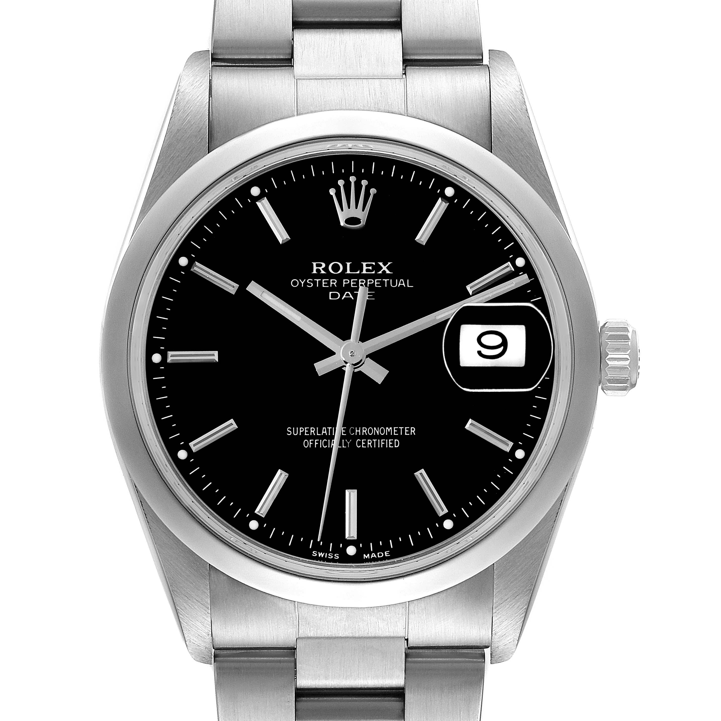 This image shows a front view of the Rolex Oyster Perpetual Date watch, displaying the dial, bezel, case, and part of the bracelet.