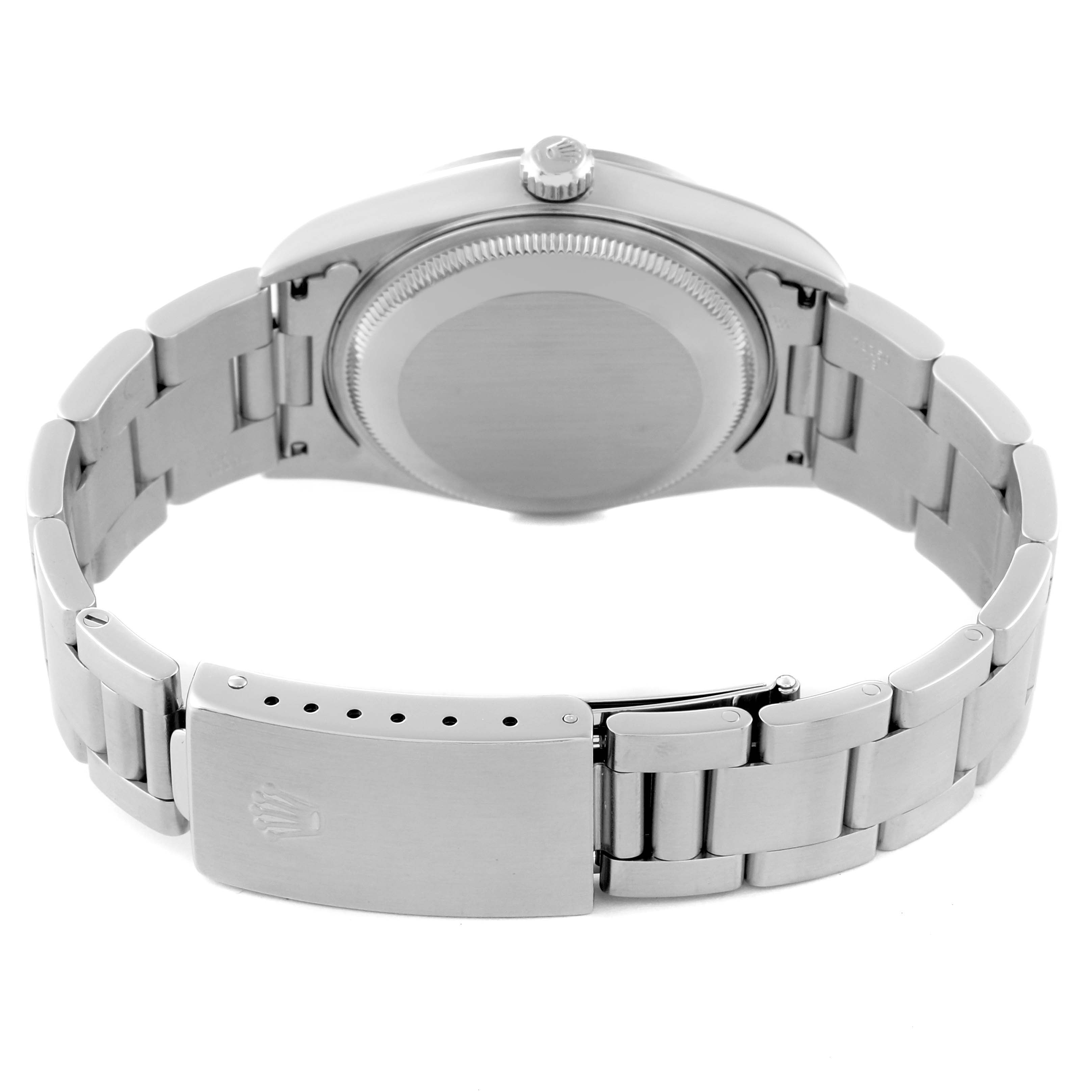 The image shows the rear side of a Rolex Date 15200 Men
s Stainless Steel Black Dial 15200 Men
s Stainless Steel Black Dial watch, highlighting its clasp, bracelet, and case back.