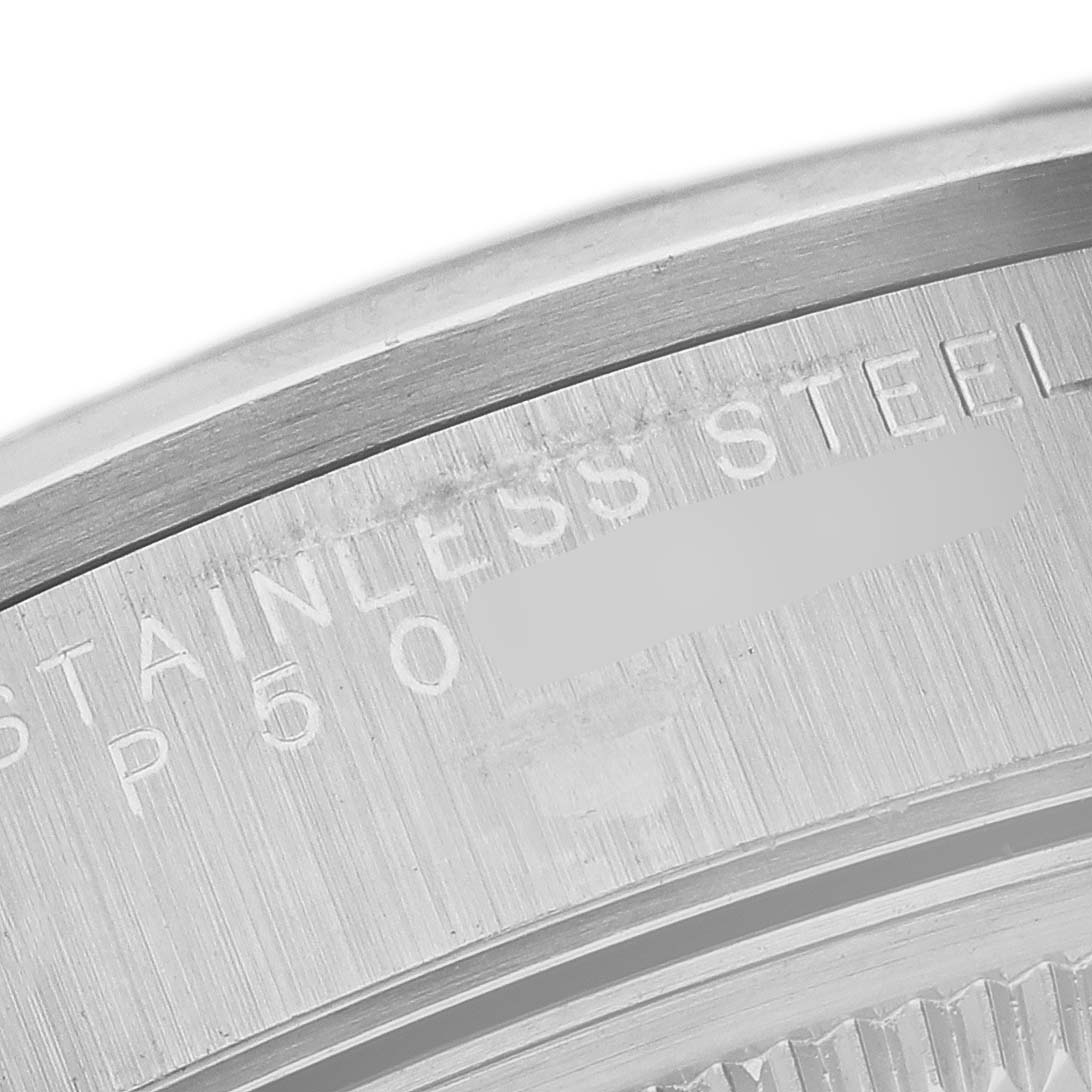 This image shows a close-up of the stainless steel casing with serial engraving of a Rolex Date 15200 Men
s Stainless Steel Black Dial 15200 Men
s Stainless Steel Black Dial model watch.
