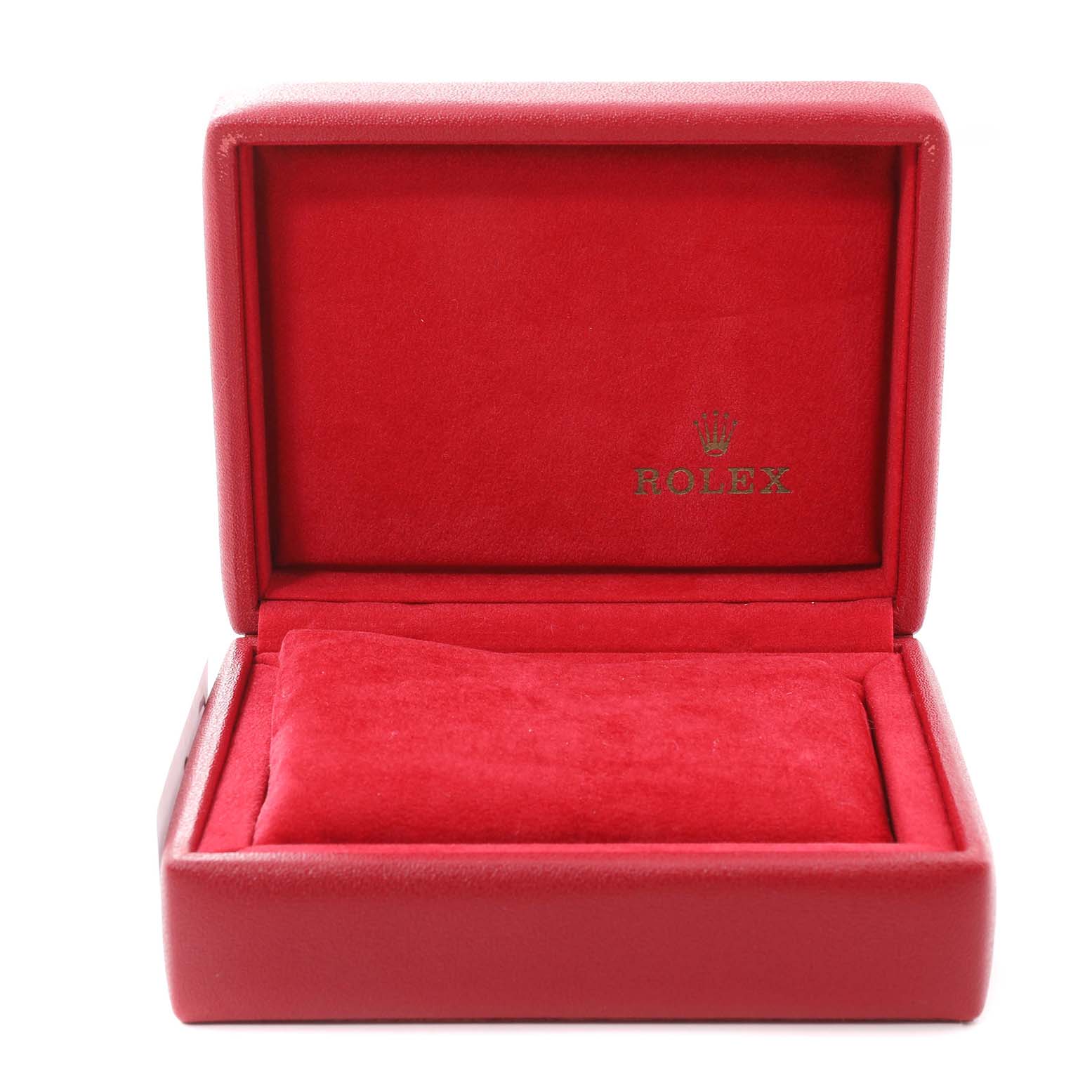 This image shows a red Rolex watch box with the lid open, intended for the Rolex Date 79190 Women
s Stainless Steel Silver Dial 79190 Women
s Stainless Steel Silver Dial model.