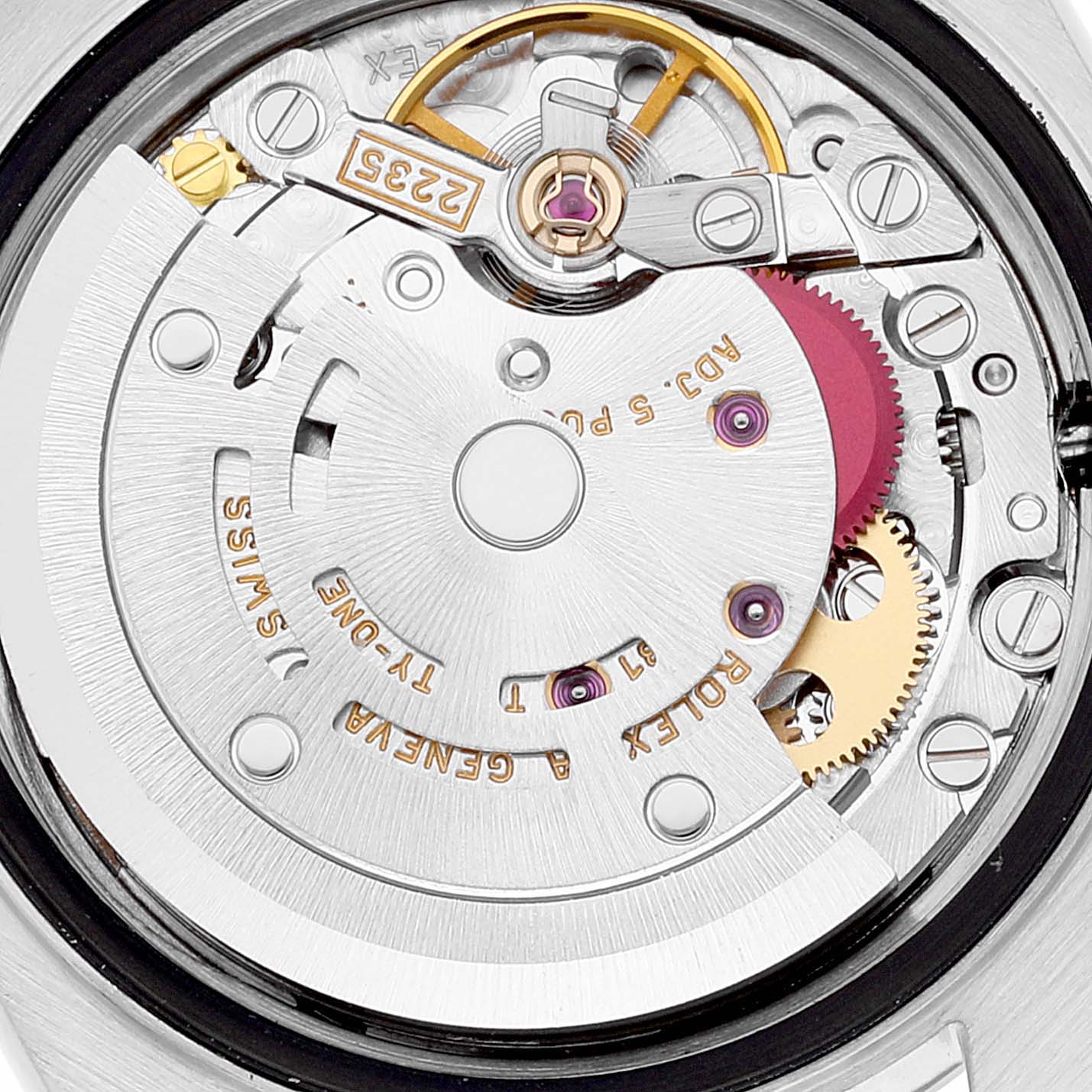This image shows a close-up of the movement mechanism of the Rolex Date 79190 Women
s Stainless Steel Silver Dial 79190 Women
s Stainless Steel Silver Dial model watch.