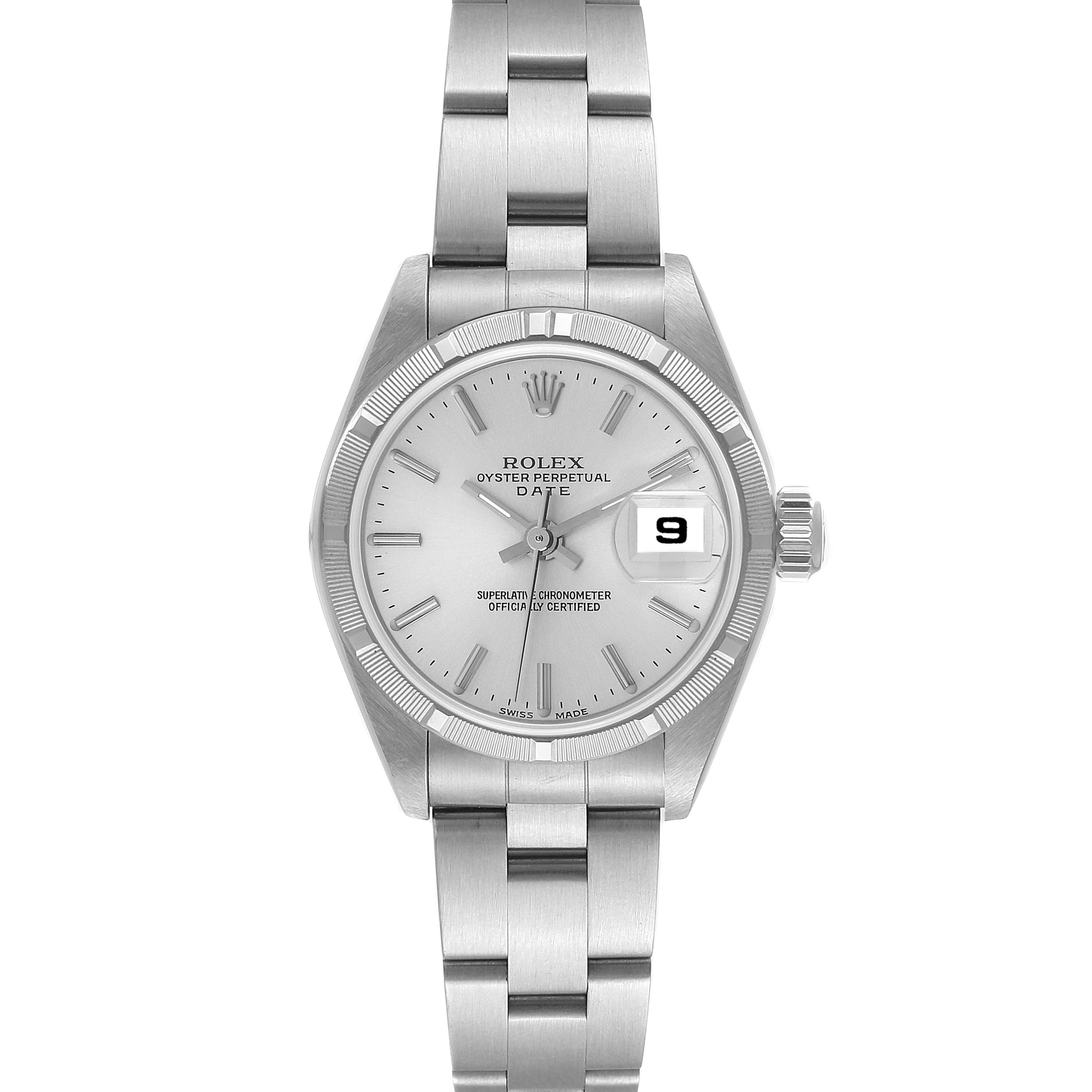 The Rolex Date 79190 Women
s Stainless Steel Silver Dial 79190 Women
s Stainless Steel Silver Dial model watch is shown from a top-down angle, detailing the face, bezel, case, and bracelet.