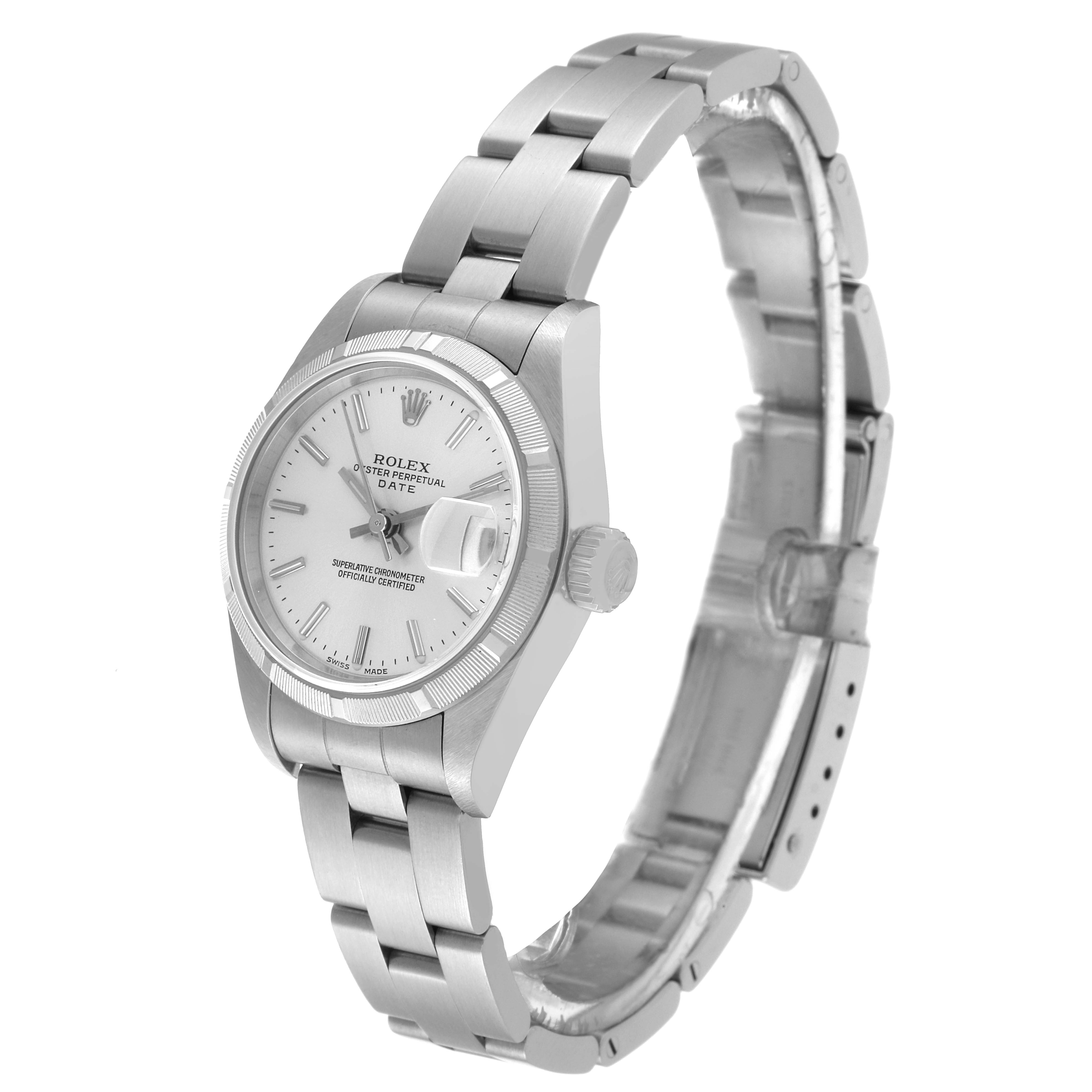 The image shows a Rolex Date 79190 Women
s Stainless Steel Silver Dial 79190 Women
s Stainless Steel Silver Dial model watch angled to display the face, bezel, bracelet, and crown.