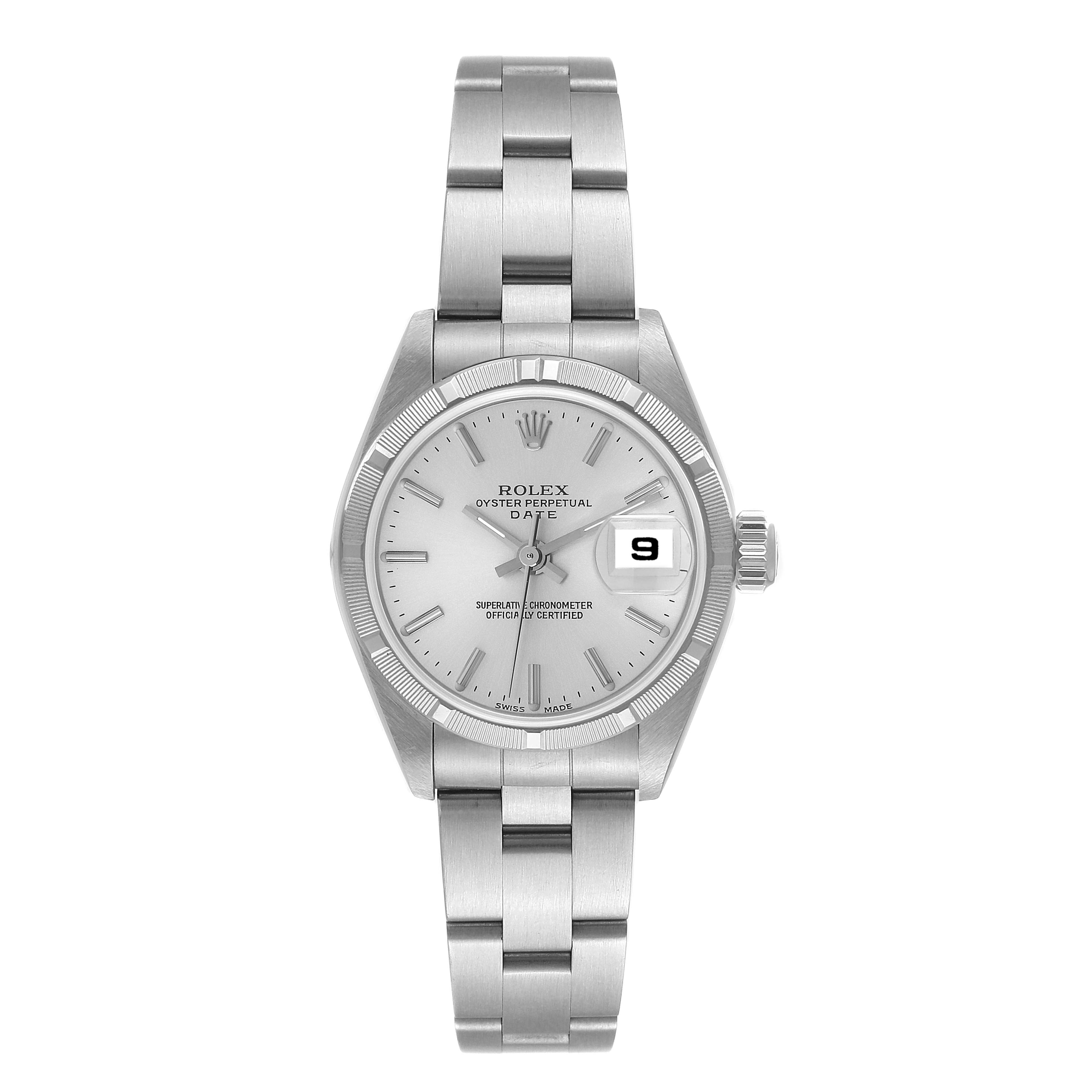 The image shows a full frontal view of a Rolex Date 79190 Women
s Stainless Steel Silver Dial 79190 Women
s Stainless Steel Silver Dial model watch, showcasing its dial, bracelet, bezel, and date window.