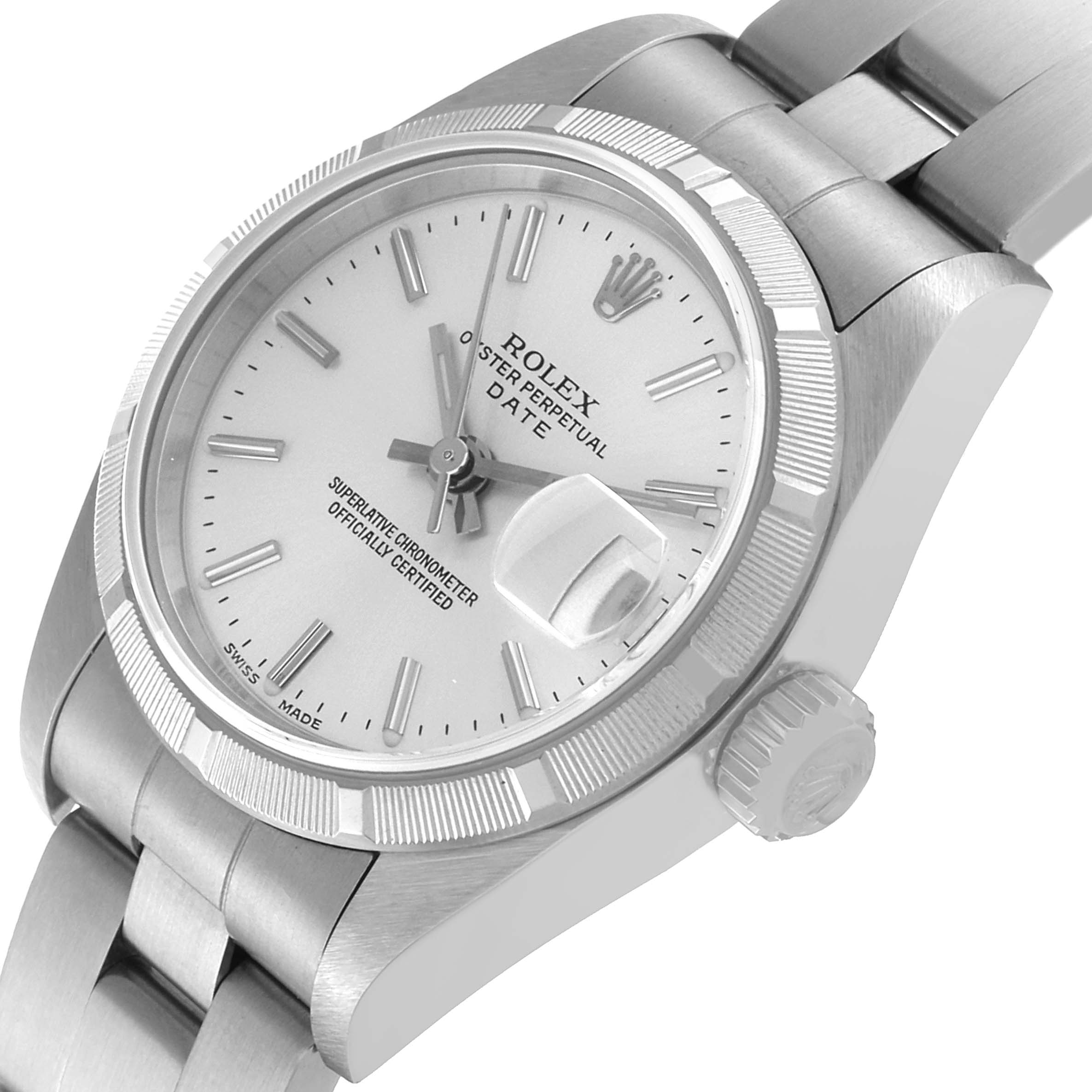 The image shows a Rolex Date 79190 Women
s Stainless Steel Silver Dial 79190 Women
s Stainless Steel Silver Dial model watch at an angle highlighting the dial, crown, and part of the bracelet.