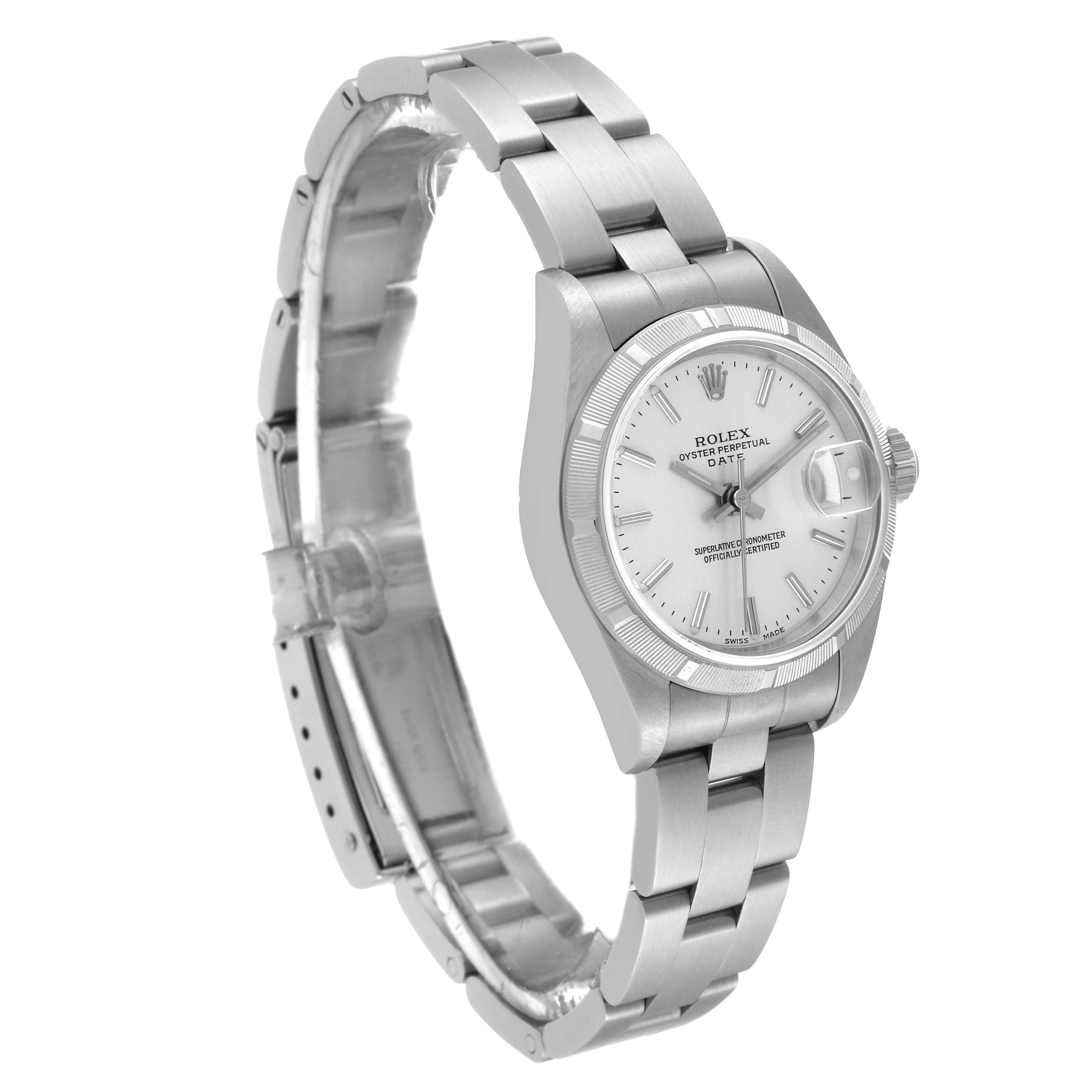 The image shows a side perspective of the Rolex Date 79190 Women
s Stainless Steel Silver Dial 79190 Women
s Stainless Steel Silver Dial model watch, highlighting its face, bezel, crown, and bracelet.