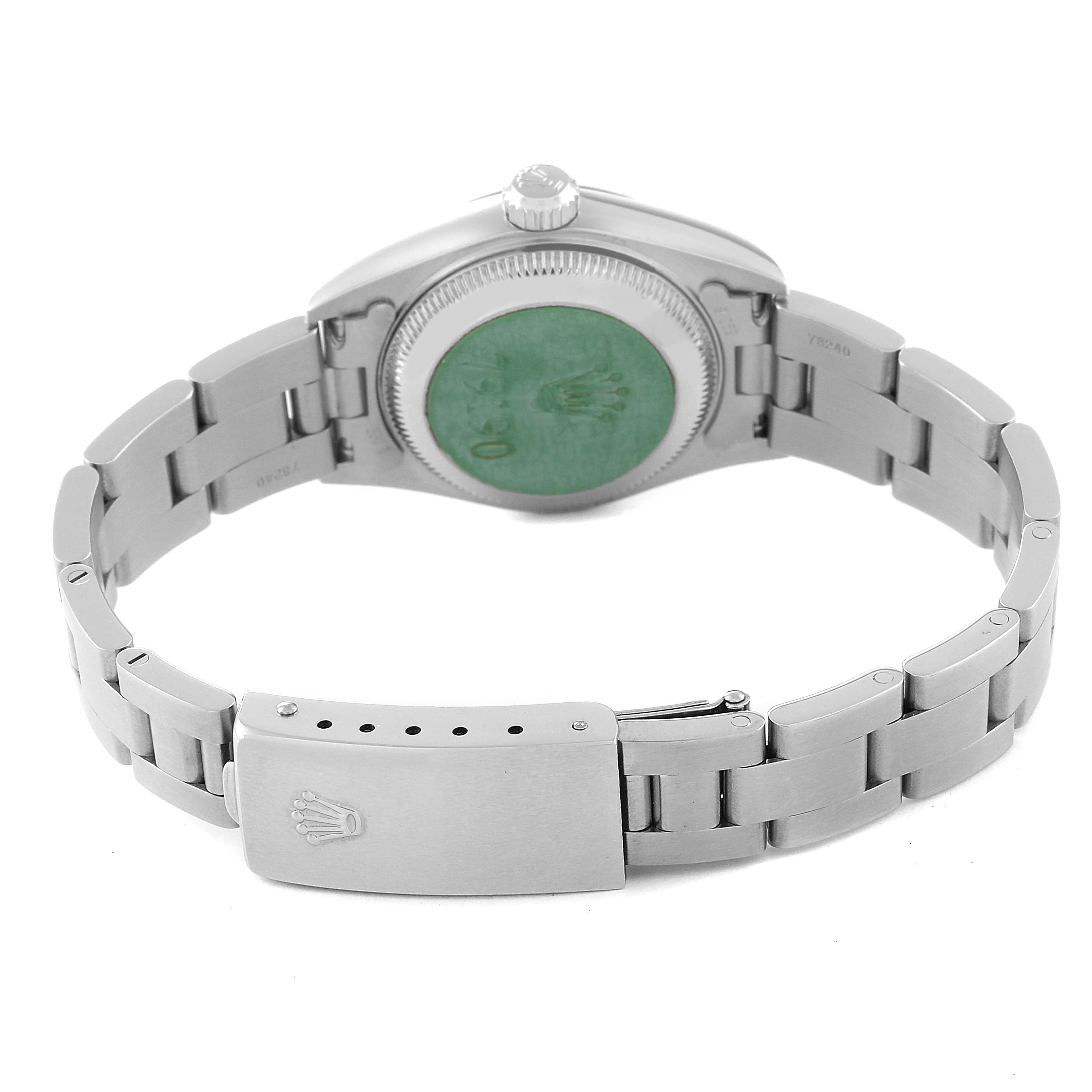 The image shows the back of a Rolex Date 79190 Women
s Stainless Steel Silver Dial 79190 Women
s Stainless Steel Silver Dial model watch, featuring the bracelet and closed clasp.