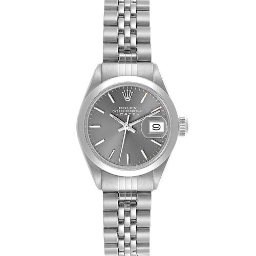 The Rolex Date model watch is shown from a front angle, displaying the dial, hands, bracelet, and date window.