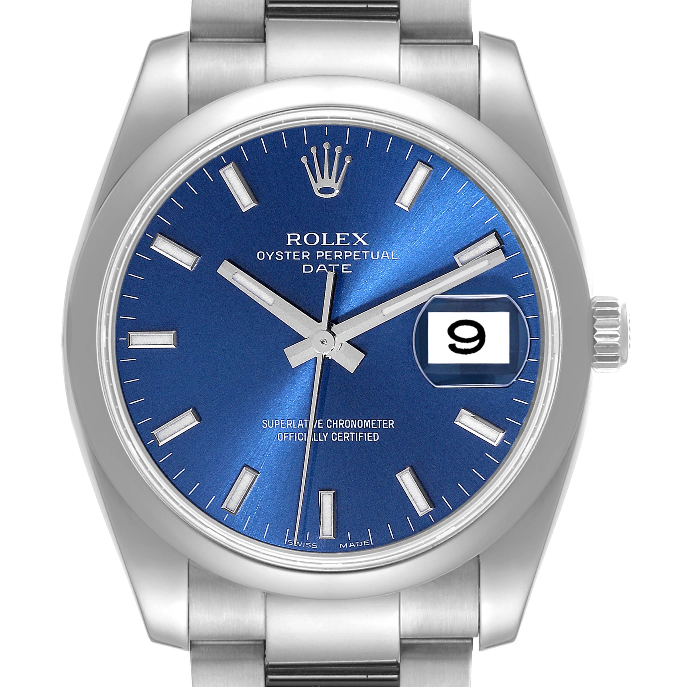 This image shows a front view of a Rolex Date 115200 Men's Stainless Steel Blue Dial 115200 Men's Stainless Steel Blue Dial model watch, highlighting its blue dial, hands, hour markers, and date window.