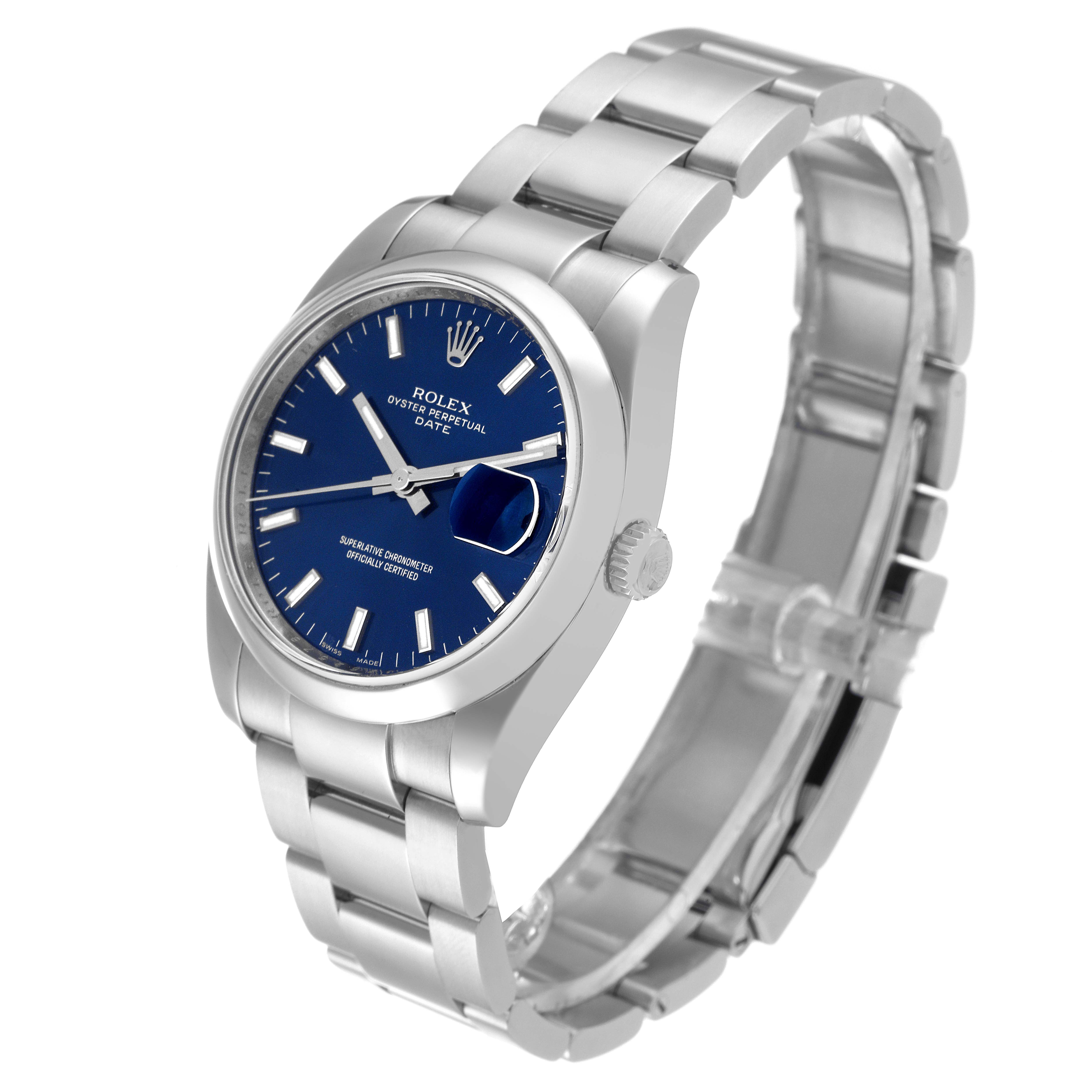 The image shows a Rolex Date 115200 Men's Stainless Steel Blue Dial 115200 Men's Stainless Steel Blue Dial model watch at an angled view, featuring its face, crown, and bracelet.
