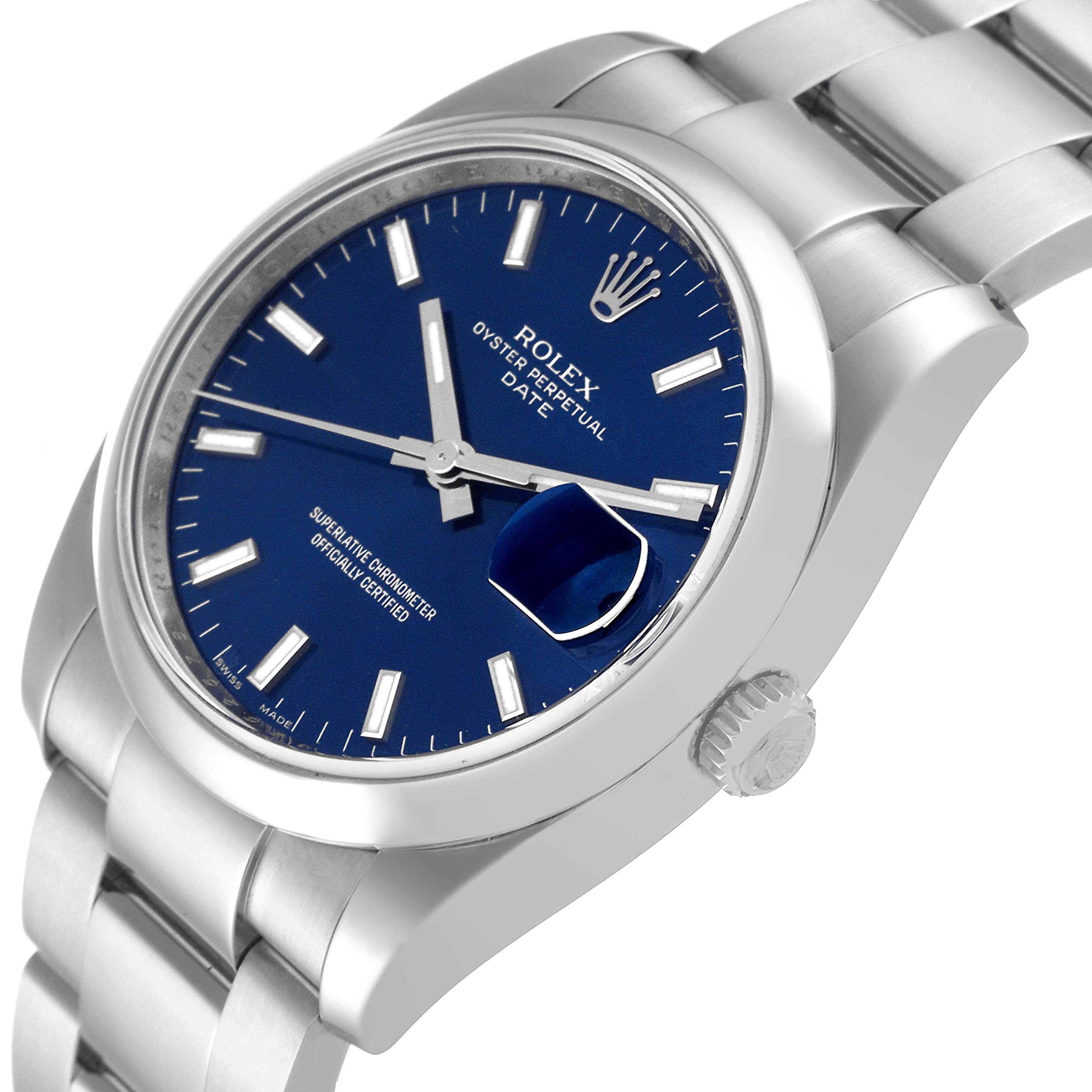 The image shows a side angle view of a Rolex Oyster Perpetual Date watch, displaying its blue dial, date magnifier, and crown.