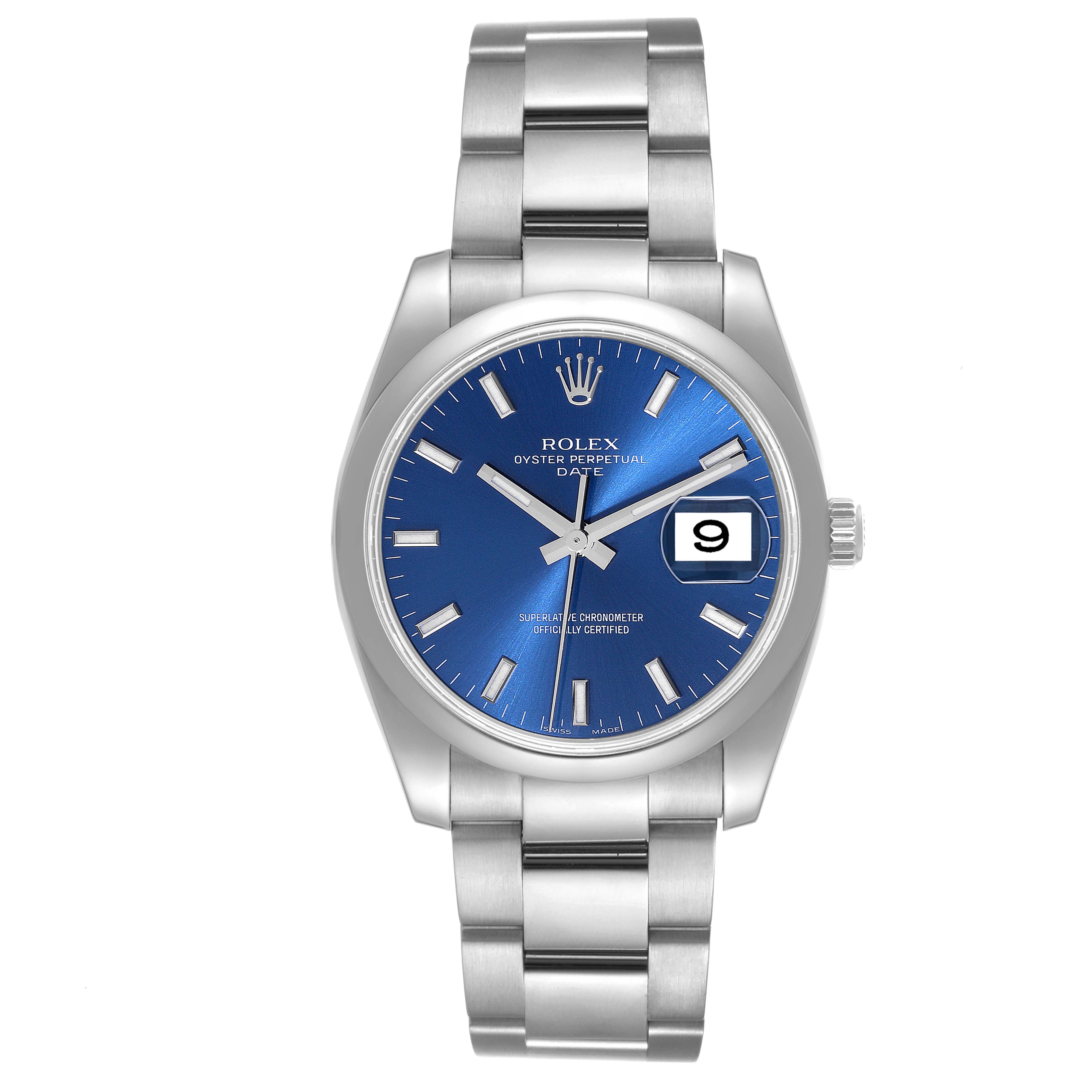 This image shows a front view of the Rolex Oyster Perpetual Date model, highlighting its blue dial and stainless steel bracelet.
