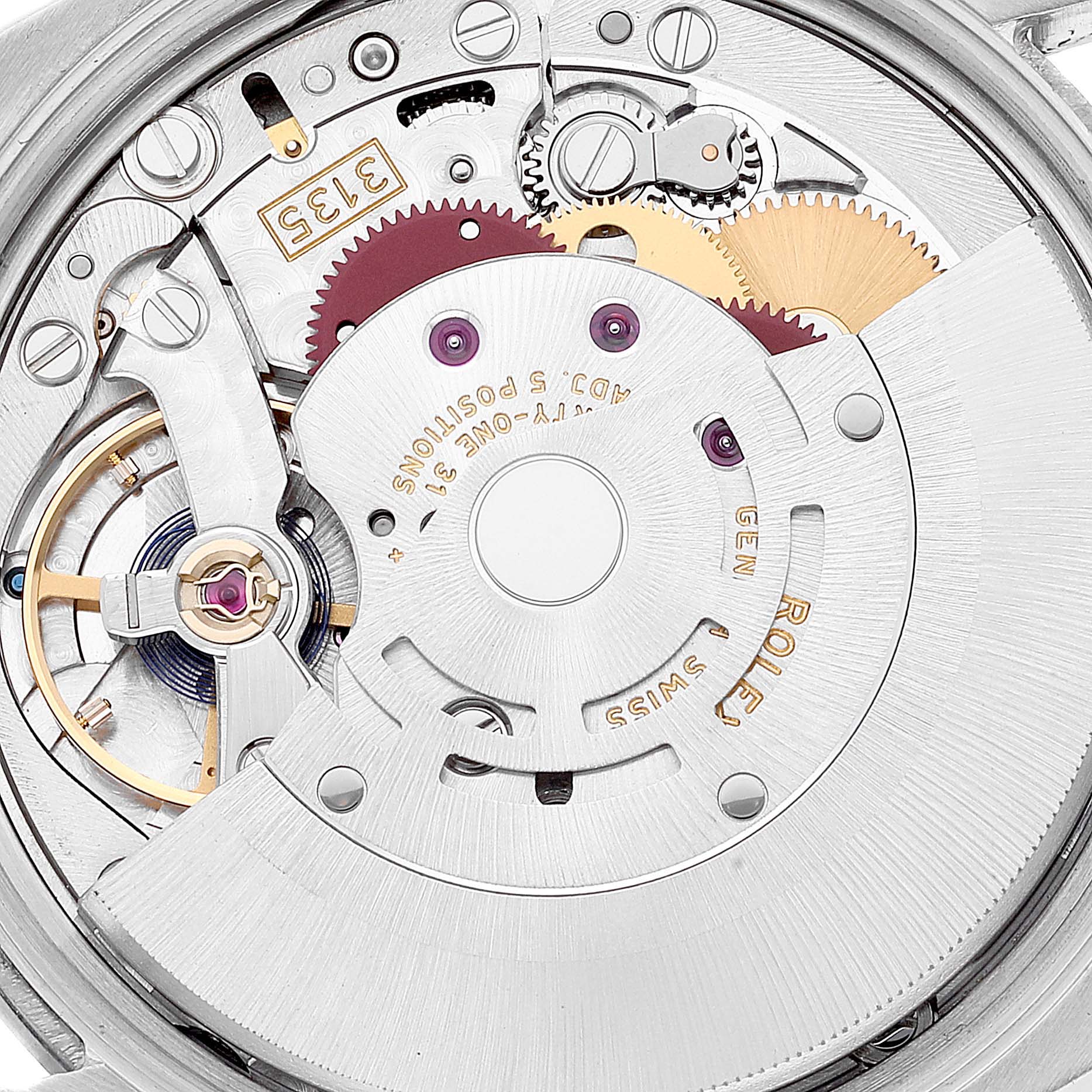 This is a close-up view of the movement mechanism inside a Rolex Date 115200 Men's Stainless Steel Blue Dial 115200 Men's Stainless Steel Blue Dial model watch, showcasing gears and intricate components.