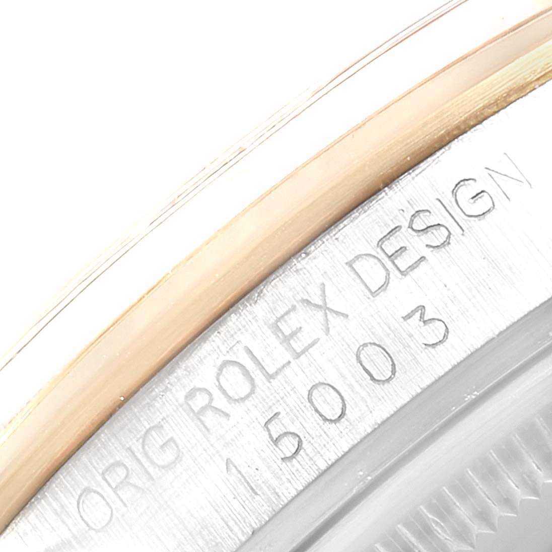 The image shows a close-up view of the model number engraving on the case of a Rolex Vintage Collection 15003 Men's Steel and Gold (two tone) Silver Dial 15003 Men's Steel and Gold (two tone) Silver Dial watch.