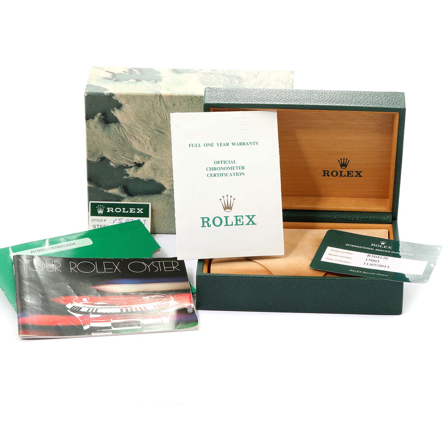 The image shows the packaging, warranty card, manual, and box for the Rolex Vintage Collection 15003 Men's Steel and Gold (two tone) Silver Dial 15003 Men's Steel and Gold (two tone) Silver Dial model, with no watch visible.