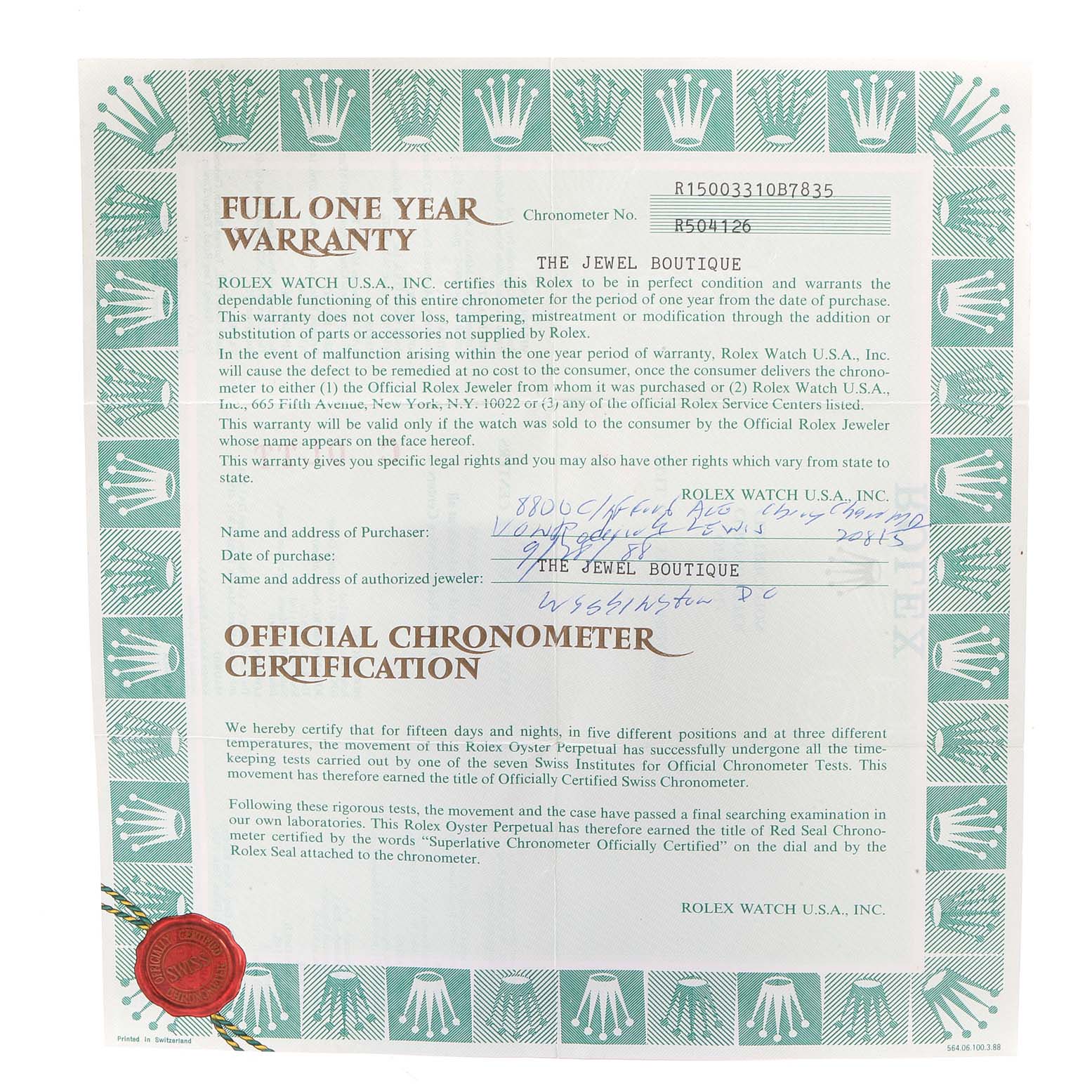 This image shows the warranty and certification document for a Rolex Vintage Collection 15003 Men's Steel and Gold (two tone) Silver Dial 15003 Men's Steel and Gold (two tone) Silver Dial watch, stating a one-year warranty and chronometer certification.