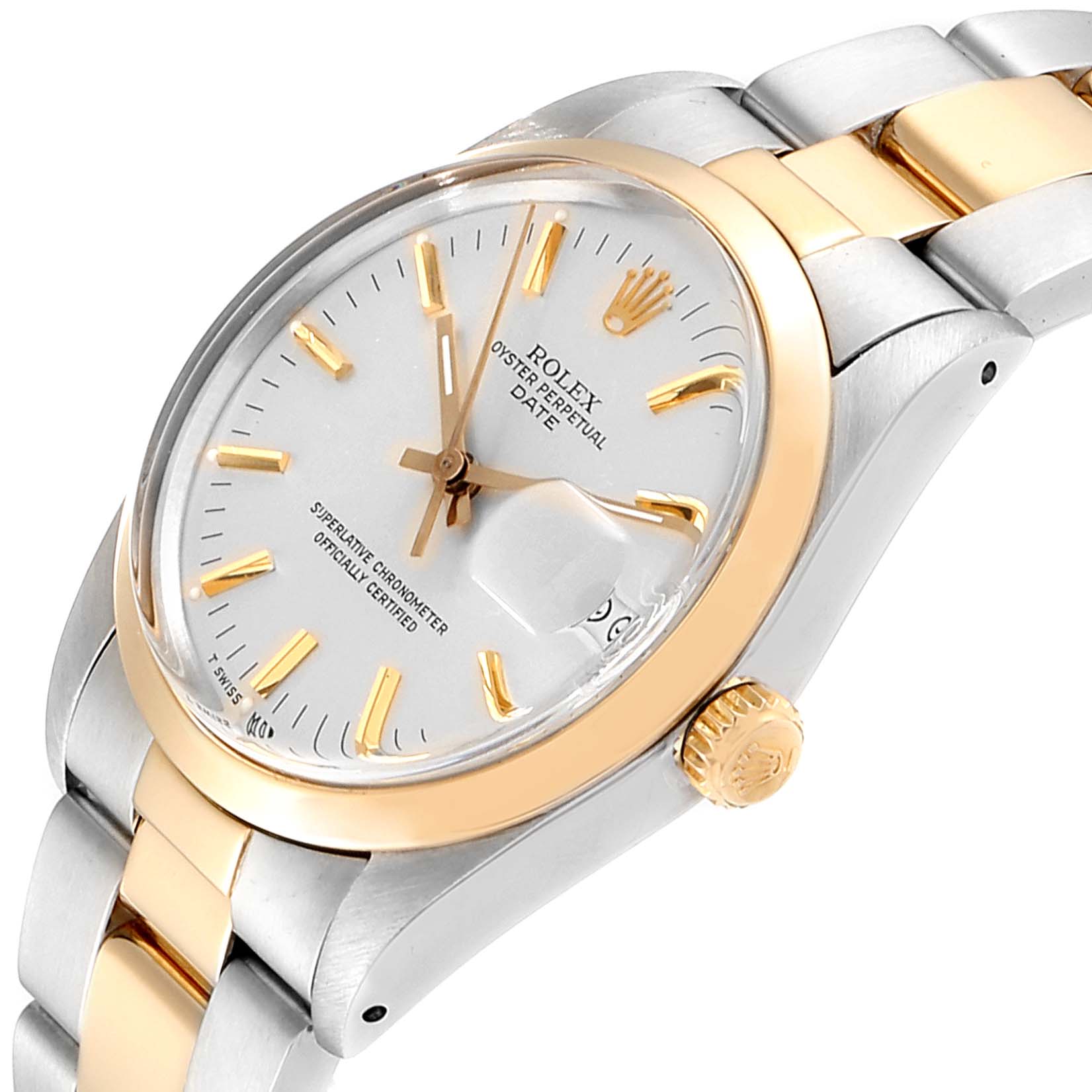 This is a Vintage Collection Rolex Oyster Perpetual Date watch, showcasing its face and part of the bracelet from an angled perspective.
