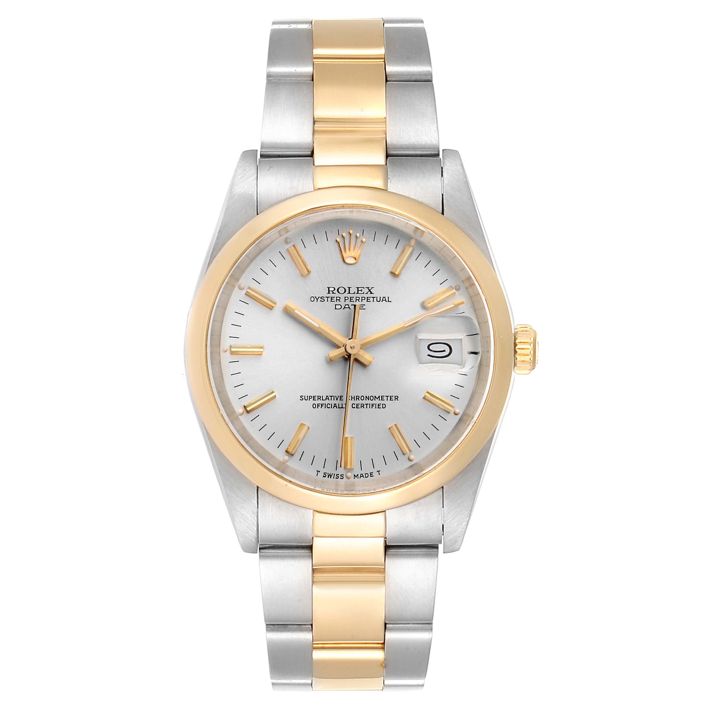 The image shows a front view of a Rolex Vintage Collection 15003 Men's Steel and Gold (two tone) Silver Dial 15003 Men's Steel and Gold (two tone) Silver Dial watch with a two-tone bracelet and date display.