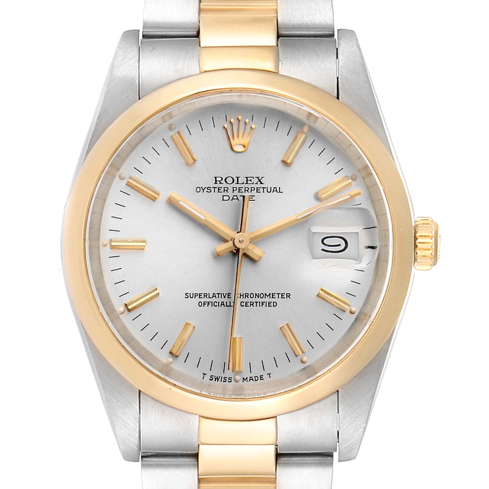 The image shows a front view of the Rolex Vintage Collection 15003 Men's Steel and Gold (two tone) Silver Dial 15003 Men's Steel and Gold (two tone) Silver Dial model, highlighting its dial, bezel, and bracelet.