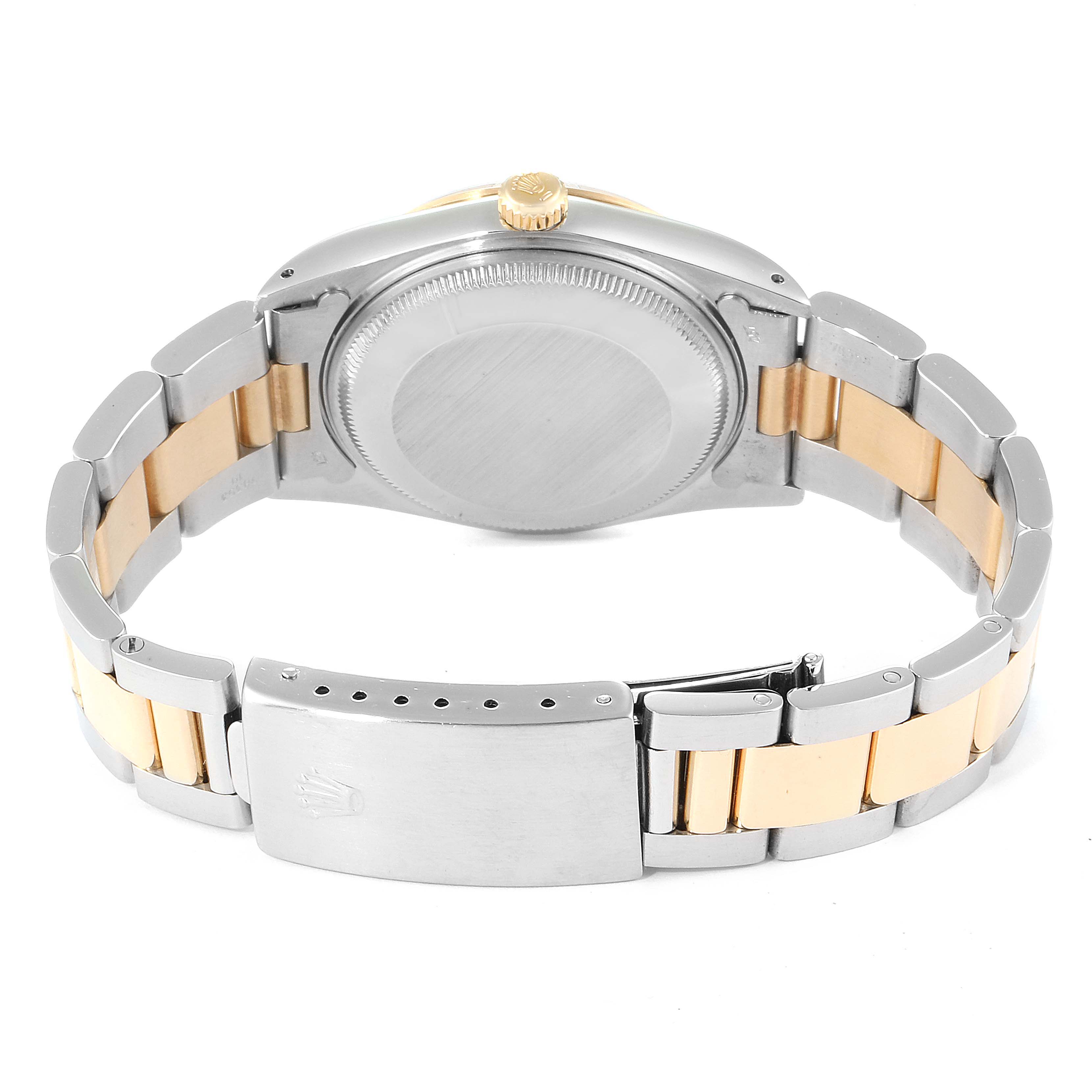 The image shows the back of a Rolex Vintage Collection 15003 Men's Steel and Gold (two tone) Silver Dial 15003 Men's Steel and Gold (two tone) Silver Dial watch, highlighting the case back and two-tone metal bracelet.