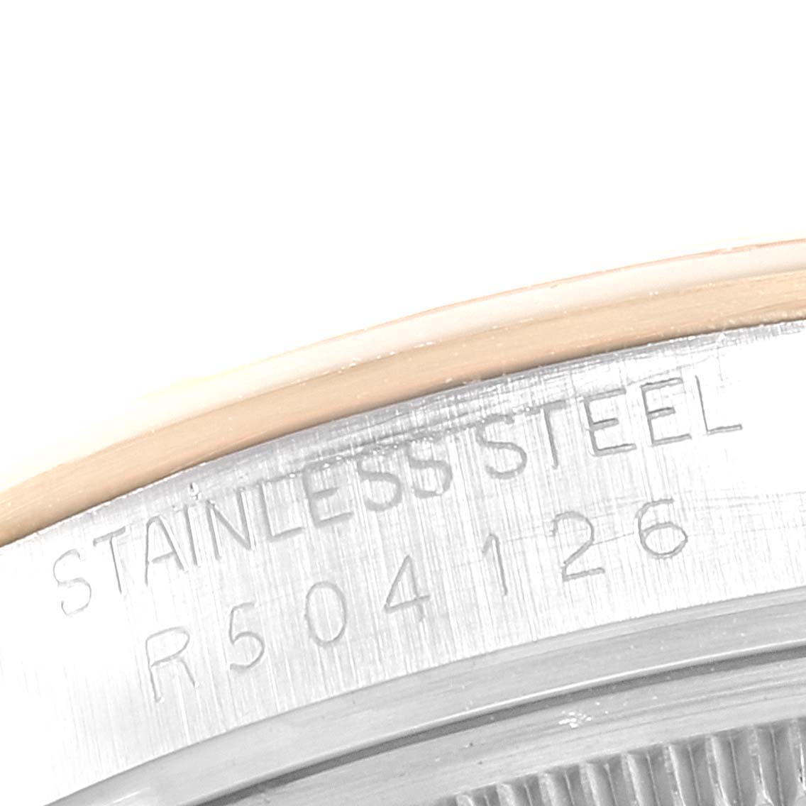 This image shows a close-up of the back case of the Stainless Steel Vintage Collection model by Rolex.