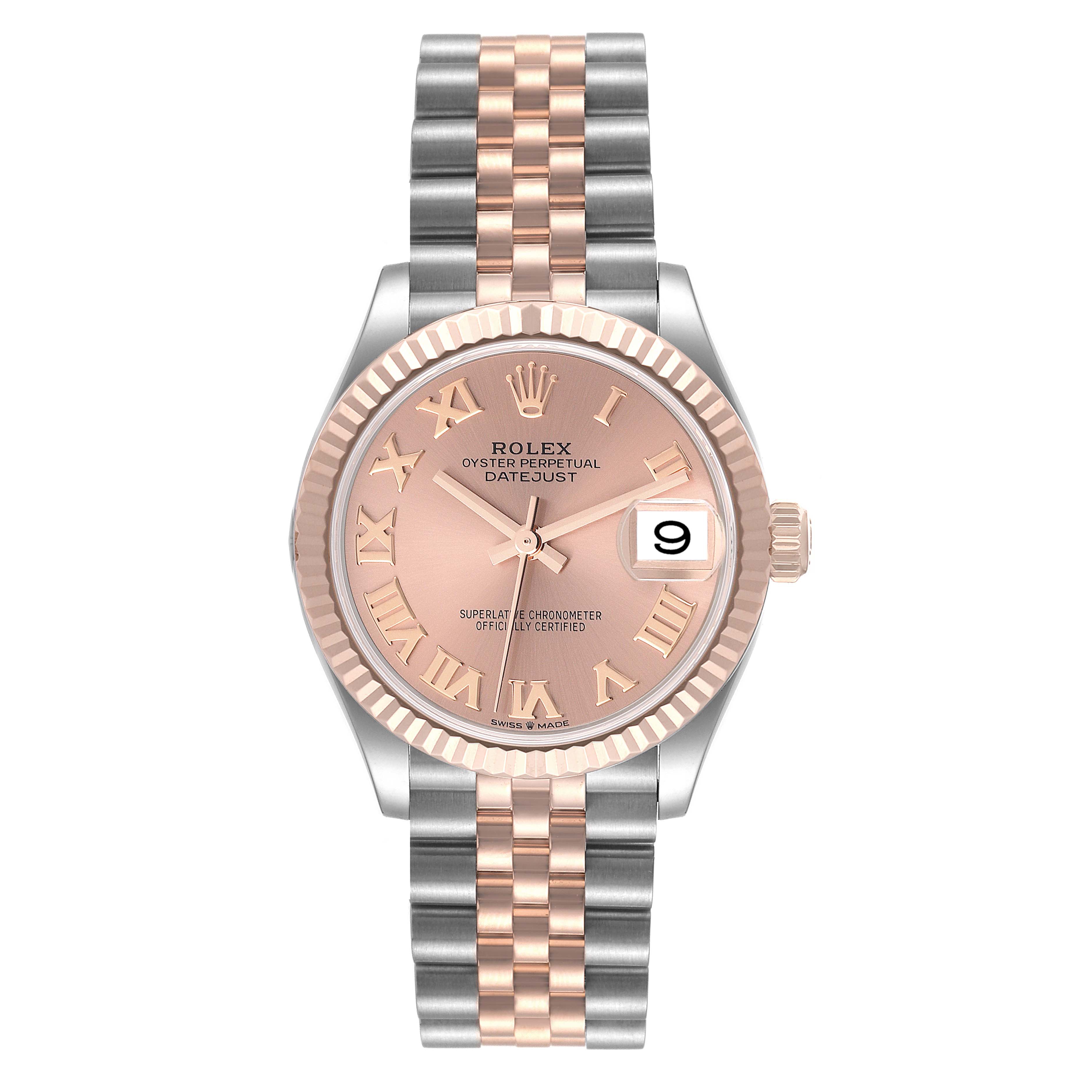 The Rolex Mid-Size 278271 Women's Steel and Gold (two tone) Pink Dial 278271 Women's Steel and Gold (two tone) Pink Dial Datejust watch is shown from a top-down angle, displaying its face, bezel, and bracelet.