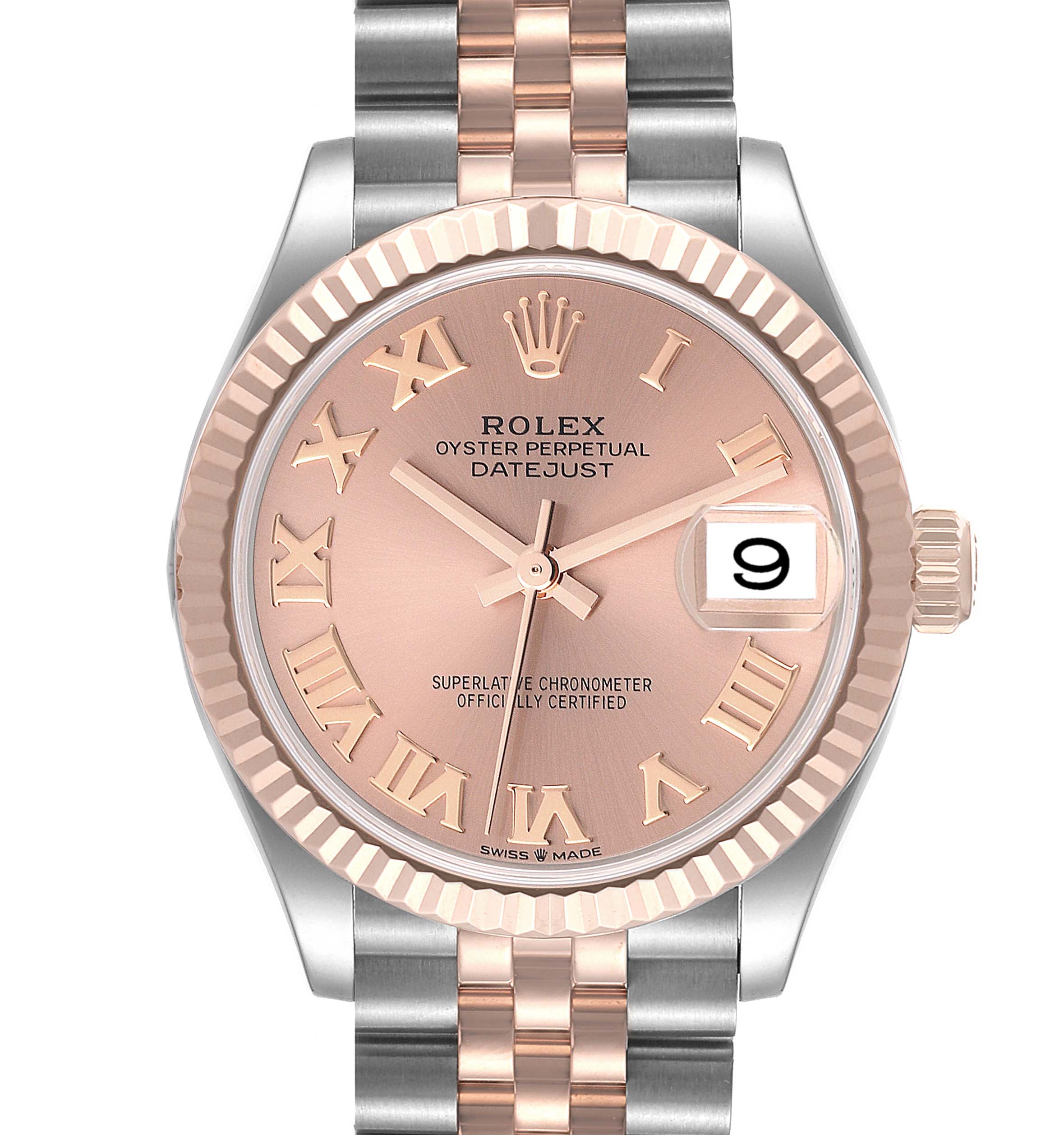 This image shows the front view of a Rolex Oyster Perpetual Datejust Mid-Size watch, featuring a two-tone bracelet and rose gold dial.