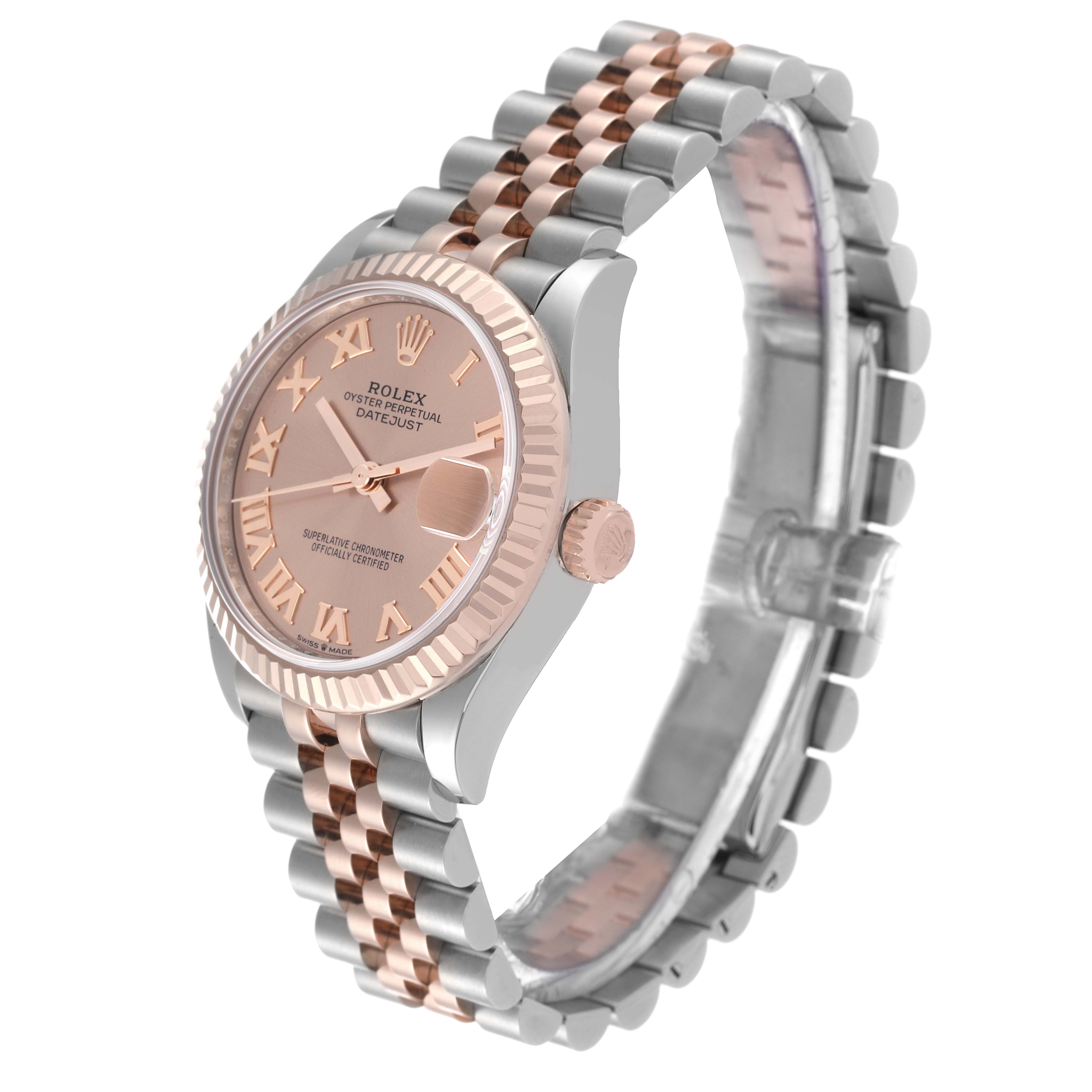 The image shows a side angle of a Rolex Mid-Size 278271 Women's Steel and Gold (two tone) Pink Dial 278271 Women's Steel and Gold (two tone) Pink Dial Oyster Perpetual Datejust watch, highlighting the bracelet, case, and dial.