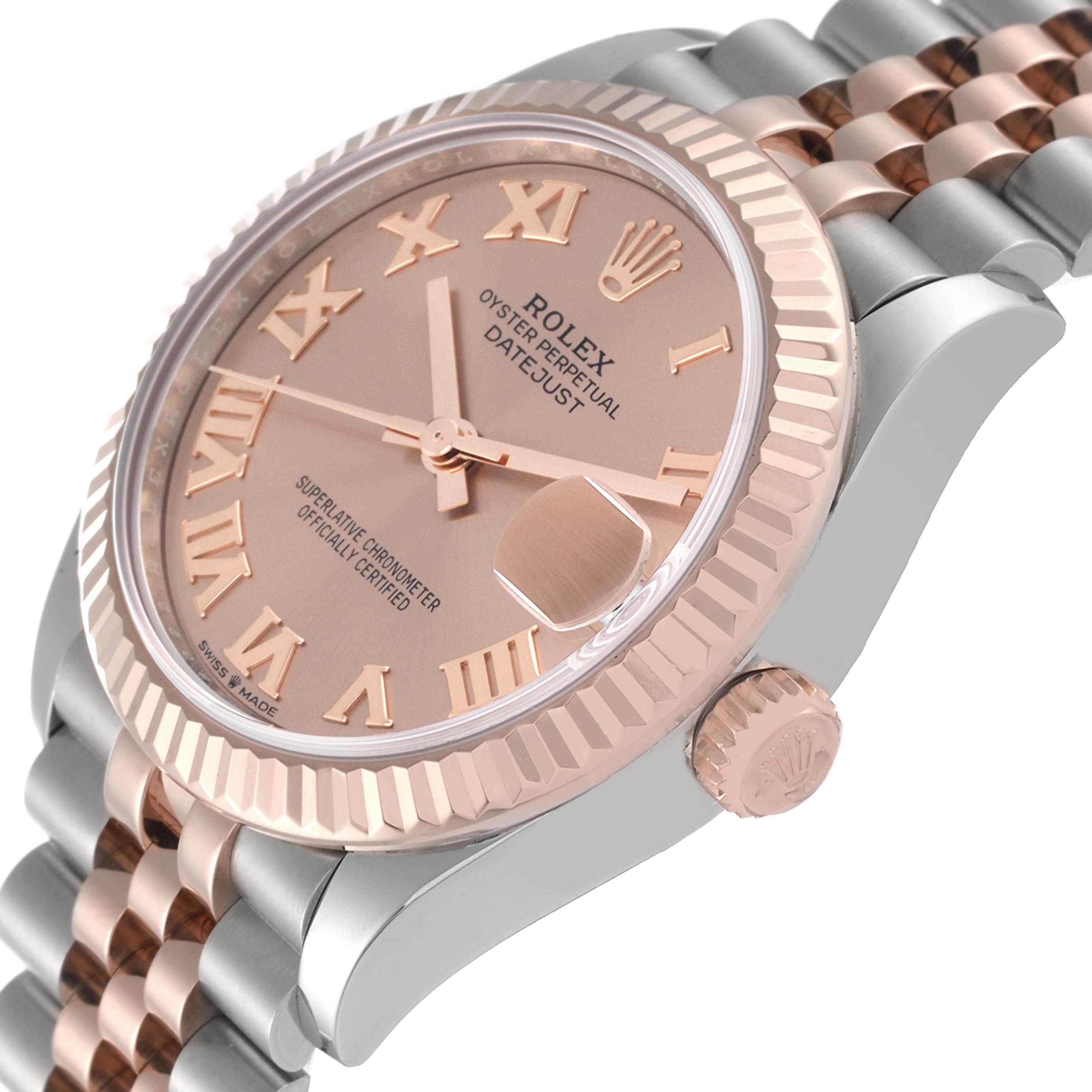 The image shows a Rolex Oyster Perpetual Datejust Mid-Size model at a slight side angle, highlighting the dial, bezel, crown, and two-tone bracelet.