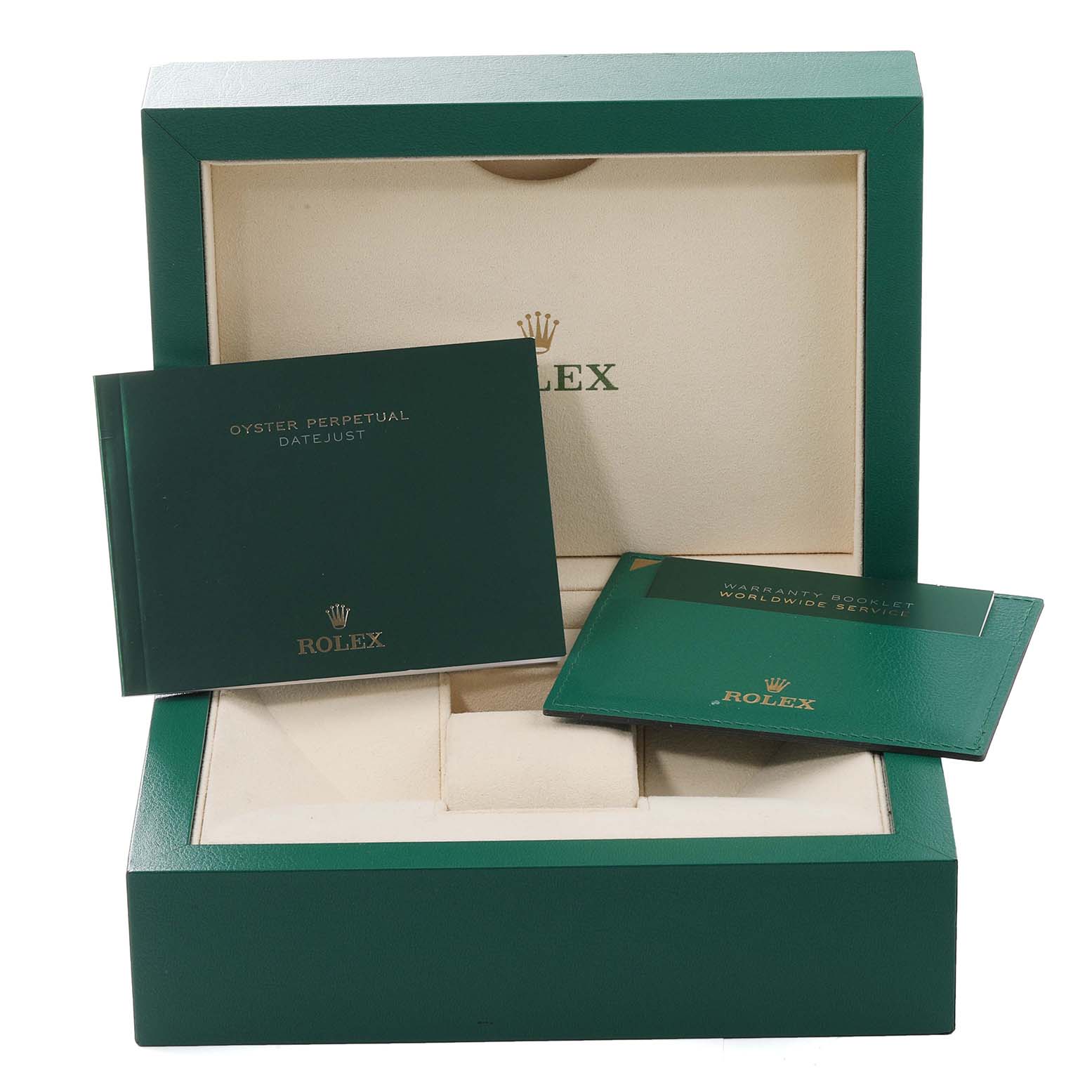 This image shows a Rolex Mid-Size 278271 Women's Steel and Gold (two tone) Pink Dial 278271 Women's Steel and Gold (two tone) Pink Dial watch box with the instruction manual and warranty booklet prominently displayed.