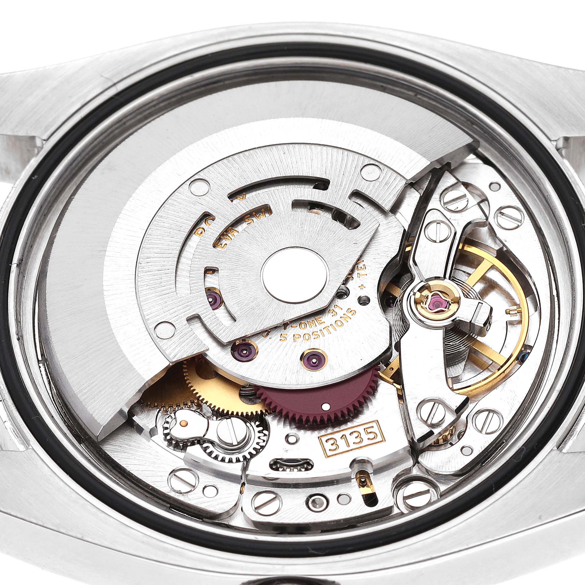 The image shows the detailed view of the movement mechanism of a Rolex Datejust 116200 Men's Stainless Steel Black Dial 116200 Men's Stainless Steel Black Dial watch from the back angle.