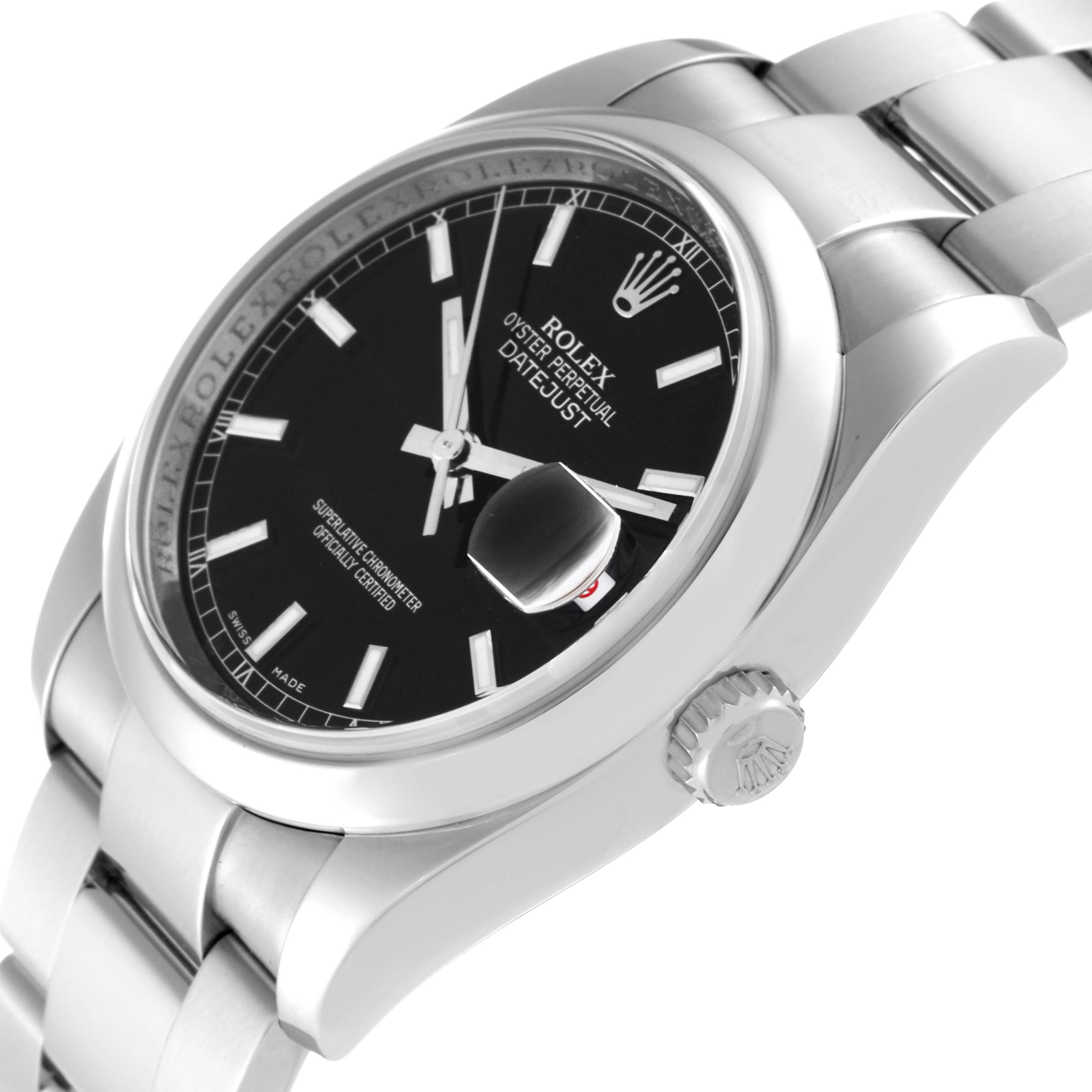The image shows a close-up angle of the Rolex Datejust 116200 Men's Stainless Steel Black Dial 116200 Men's Stainless Steel Black Dial watch, displaying its dial, crown, and part of the bracelet.