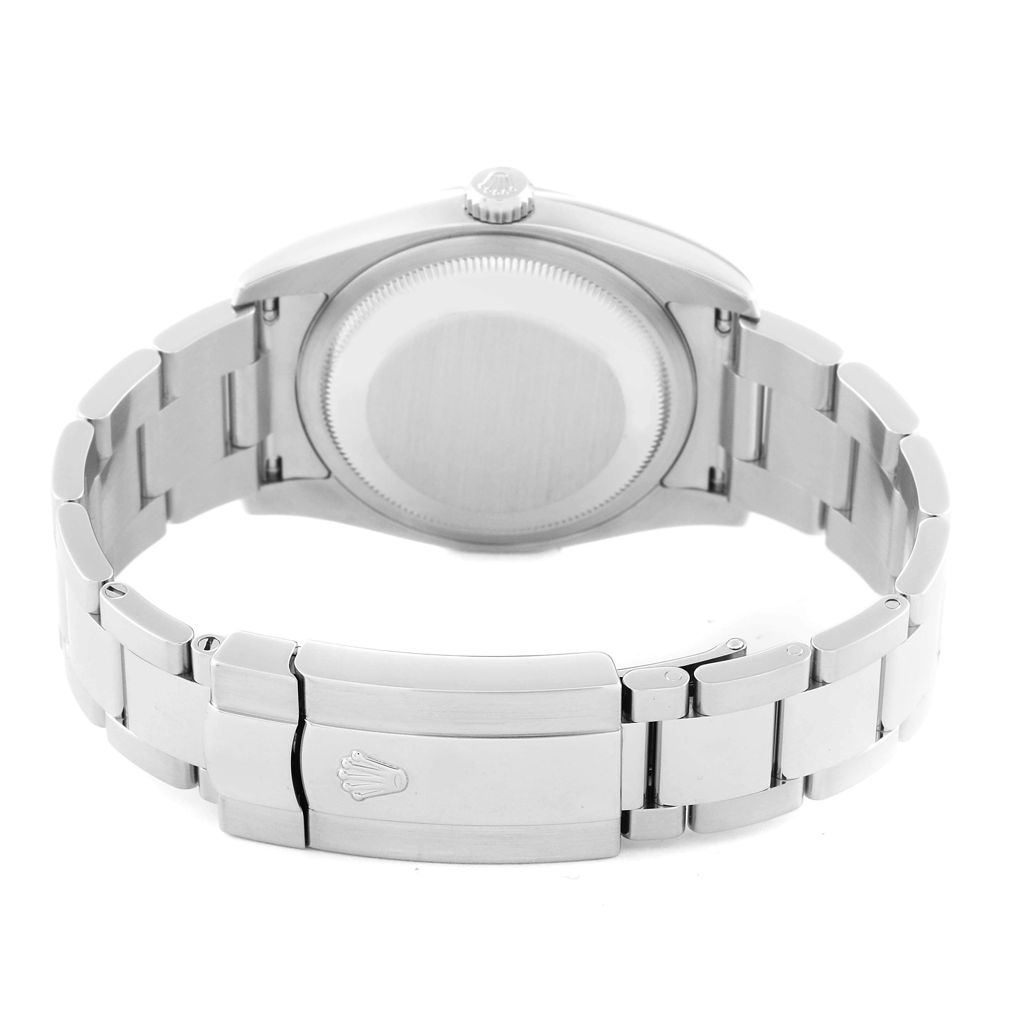 The image shows the back of a Rolex Datejust 116200 Men's Stainless Steel Black Dial 116200 Men's Stainless Steel Black Dial watch, highlighting the case back, crown, and bracelet with clasp.