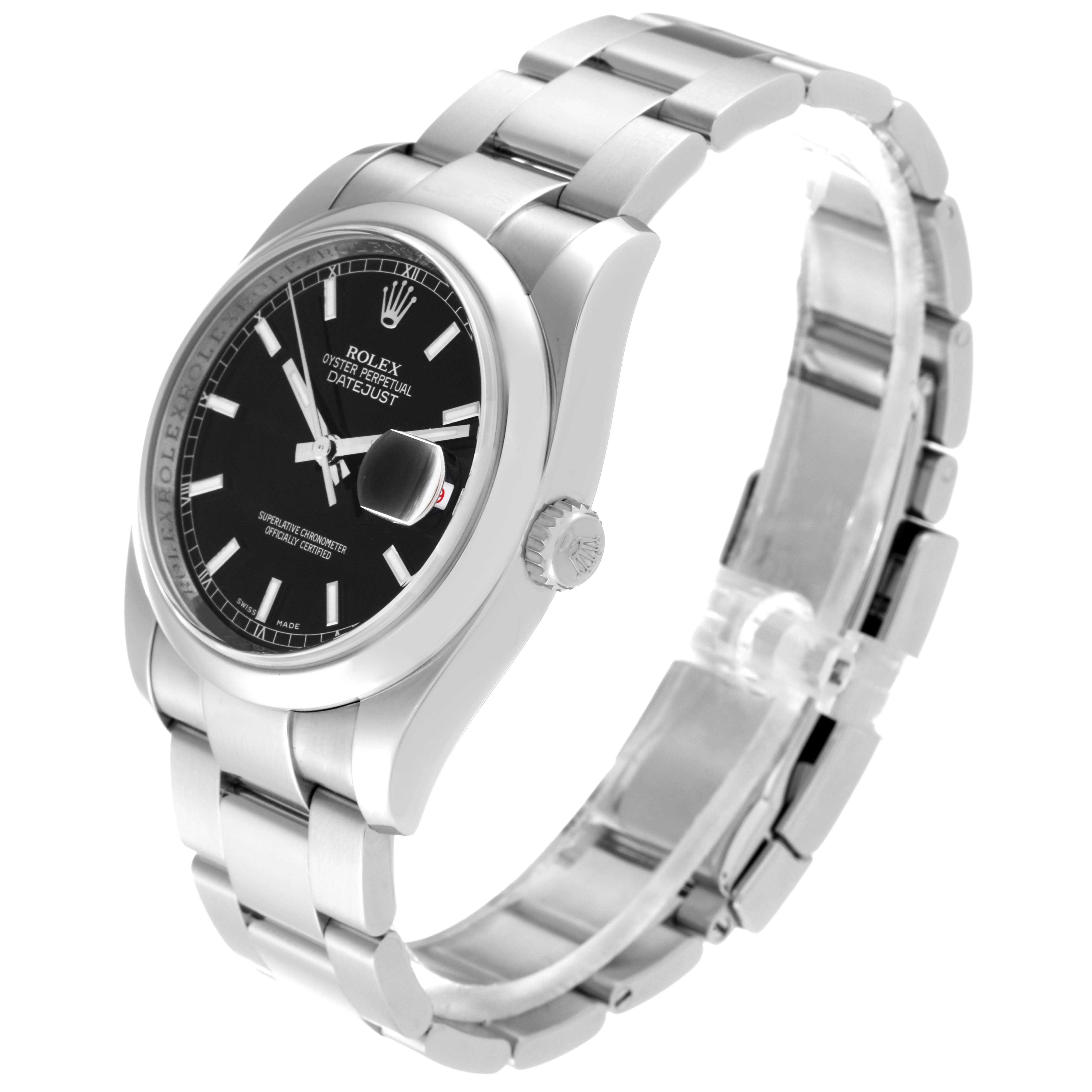 This image shows a Rolex Datejust 116200 Men's Stainless Steel Black Dial 116200 Men's Stainless Steel Black Dial watch at a three-quarter angle, highlighting the black dial, fluted bezel, crown, and stainless steel bracelet.