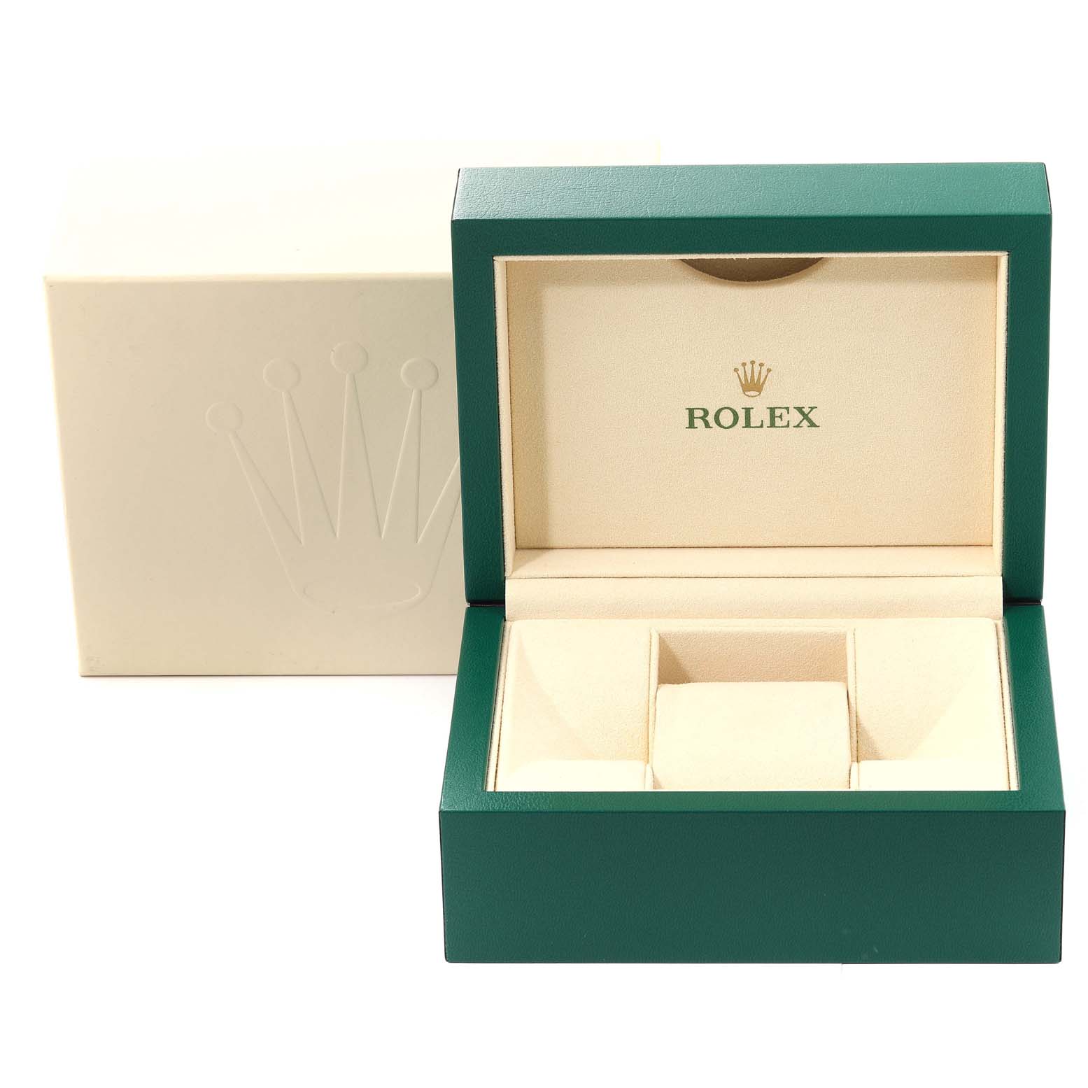 The image shows an open Rolex Datejust 116200 Men's Stainless Steel Black Dial 116200 Men's Stainless Steel Black Dial watch box with a green outer box, beige interior, and the Rolex logo.