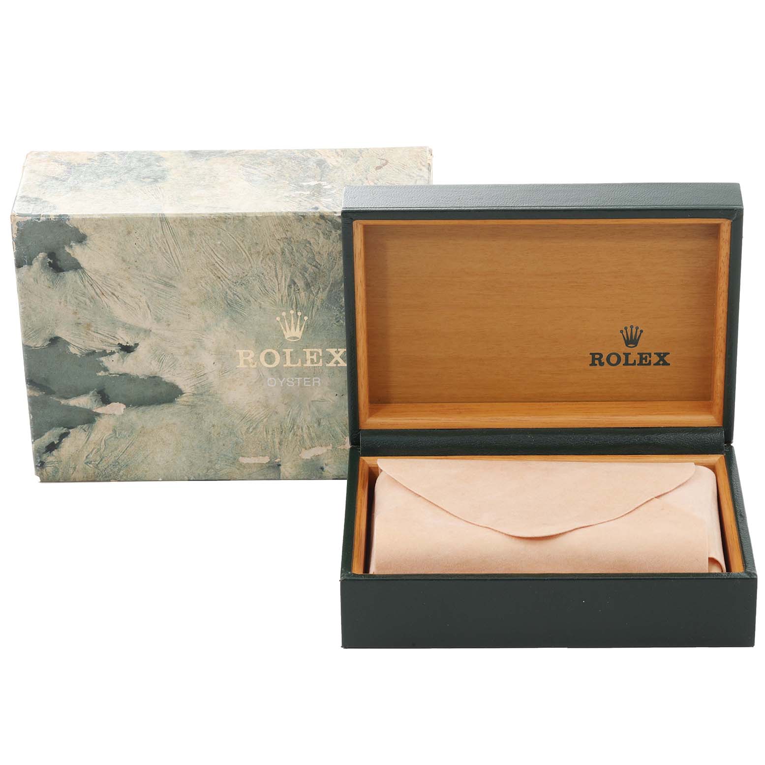 The image shows the packaging for a Rolex Datejust 16220 Men's Stainless Steel Pink Dial 16220 Men's Stainless Steel Pink Dial watch, including an open presentation box and its outer box.