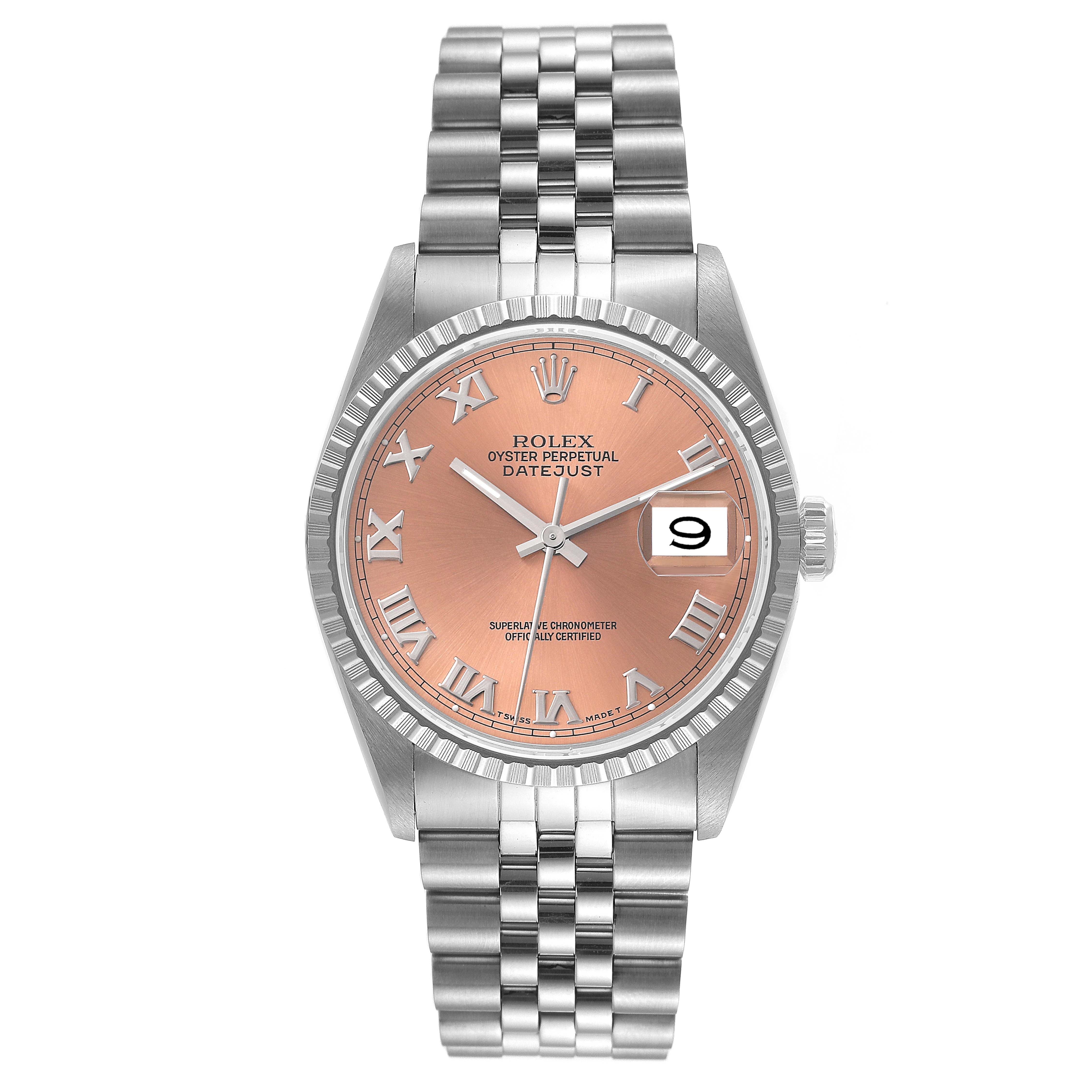 This image shows a front angle of a Rolex Datejust 16220 Men's Stainless Steel Pink Dial 16220 Men's Stainless Steel Pink Dial watch, featuring a silver bracelet, fluted bezel, and a pink Roman numeral dial with a date window.