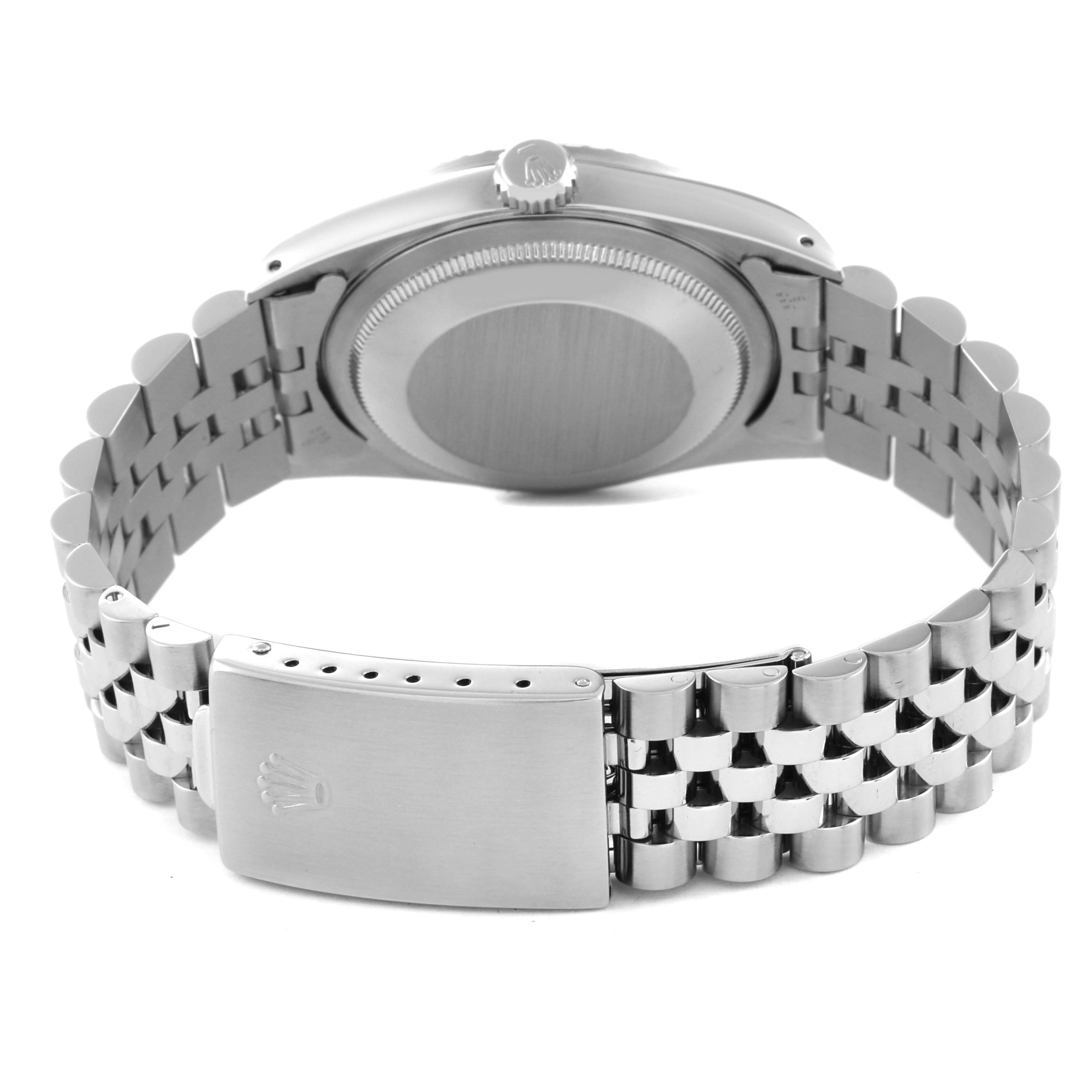 The image shows the back case and bracelet of a Rolex Datejust 16220 Men's Stainless Steel Pink Dial 16220 Men's Stainless Steel Pink Dial watch.