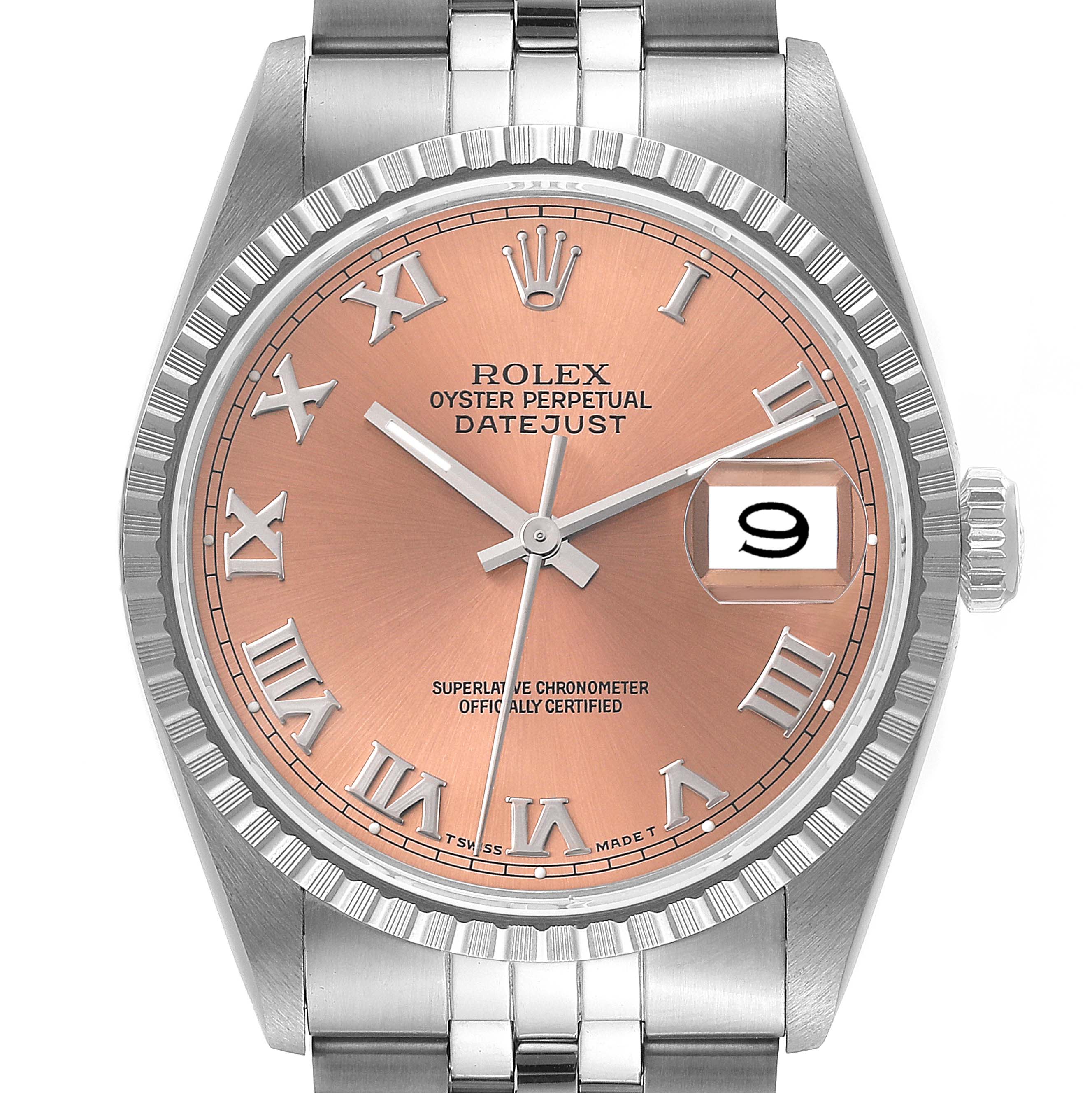The image shows a close-up of the dial, bezel, and top part of the bracelet of a Rolex Datejust 16220 Men's Stainless Steel Pink Dial 16220 Men's Stainless Steel Pink Dial watch.