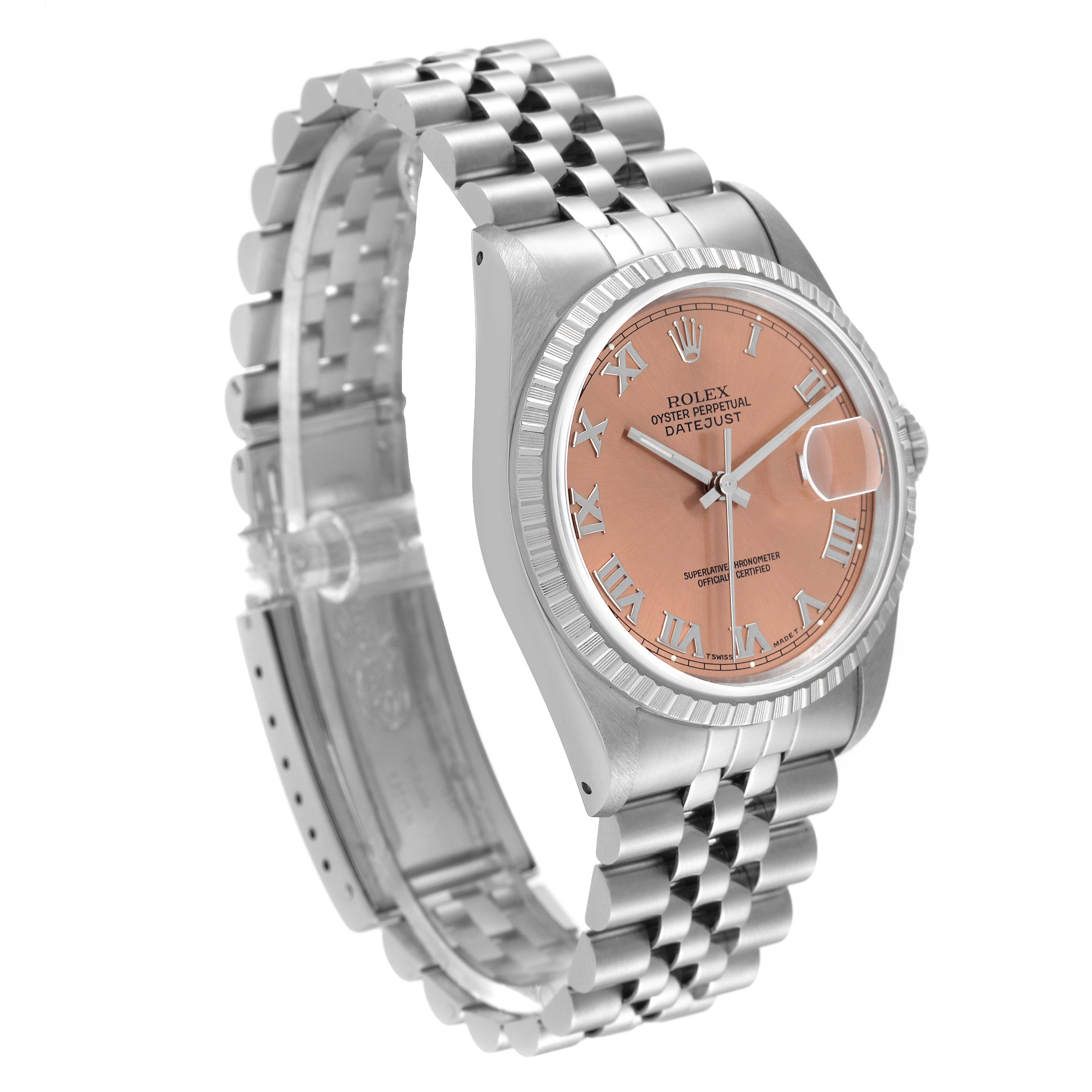 The image shows a Rolex Datejust 16220 Men's Stainless Steel Pink Dial 16220 Men's Stainless Steel Pink Dial watch angled to display its face, bezel, and stainless steel bracelet clearly.