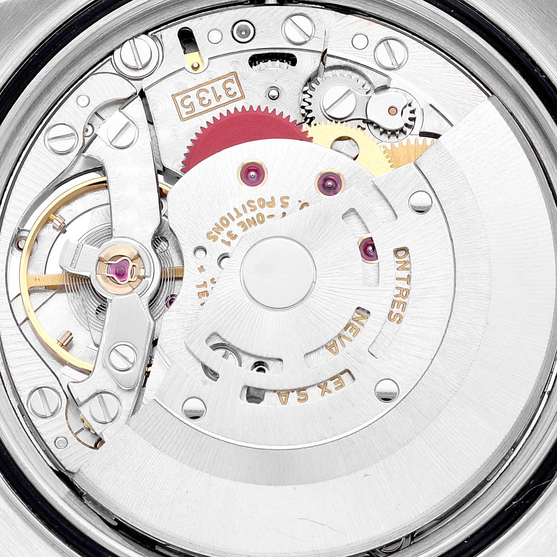 This image shows the intricate inner mechanical movement of the Rolex Datejust 16220 Men's Stainless Steel Pink Dial 16220 Men's Stainless Steel Pink Dial watch model from a top-down angle.