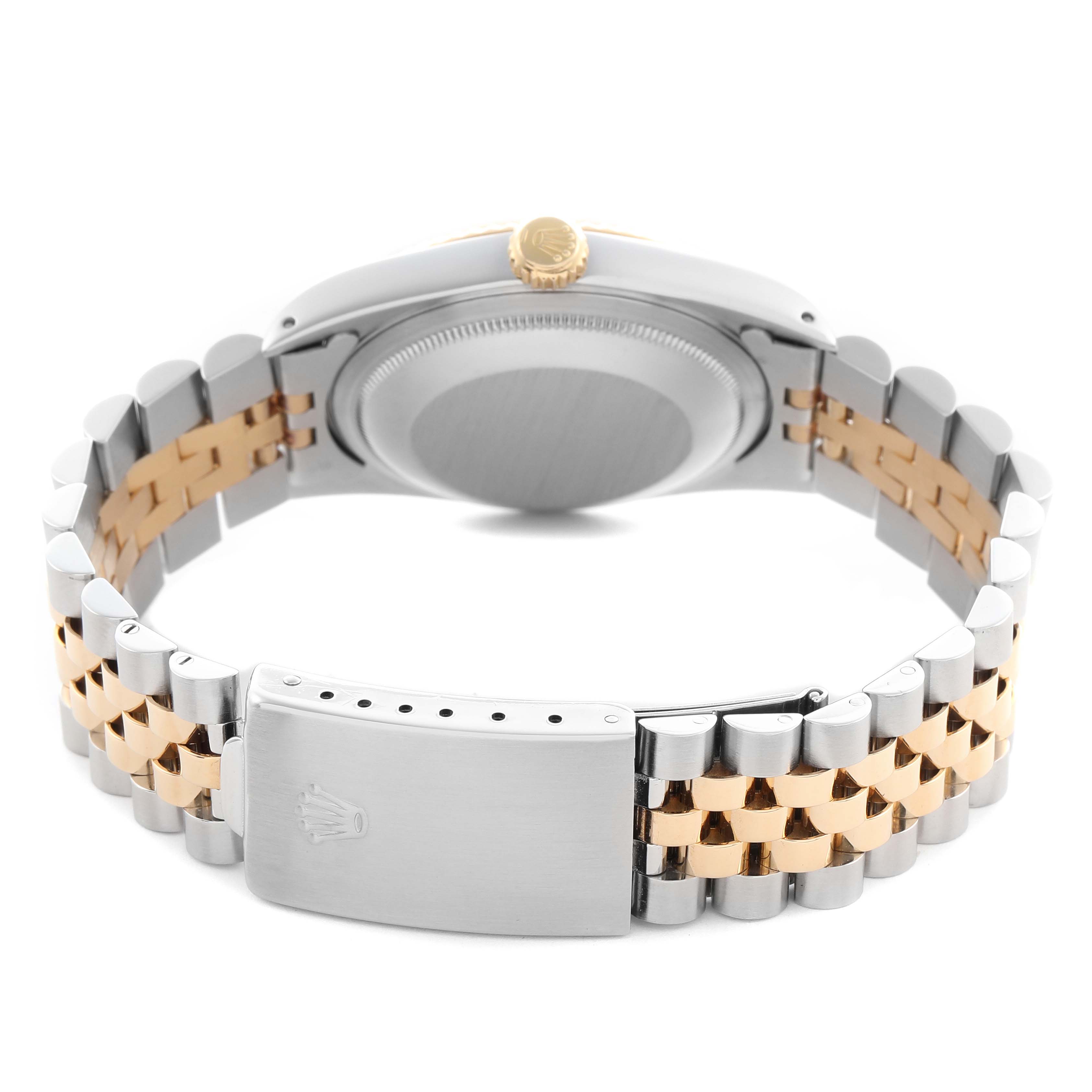 The image shows the back view of a Rolex Datejust 16233 Men
s Steel and Gold (two tone) Champagne Dial 16233 Men
s Steel and Gold (two tone) Champagne Dial watch, highlighting its two-tone bracelet, clasp, and case back.