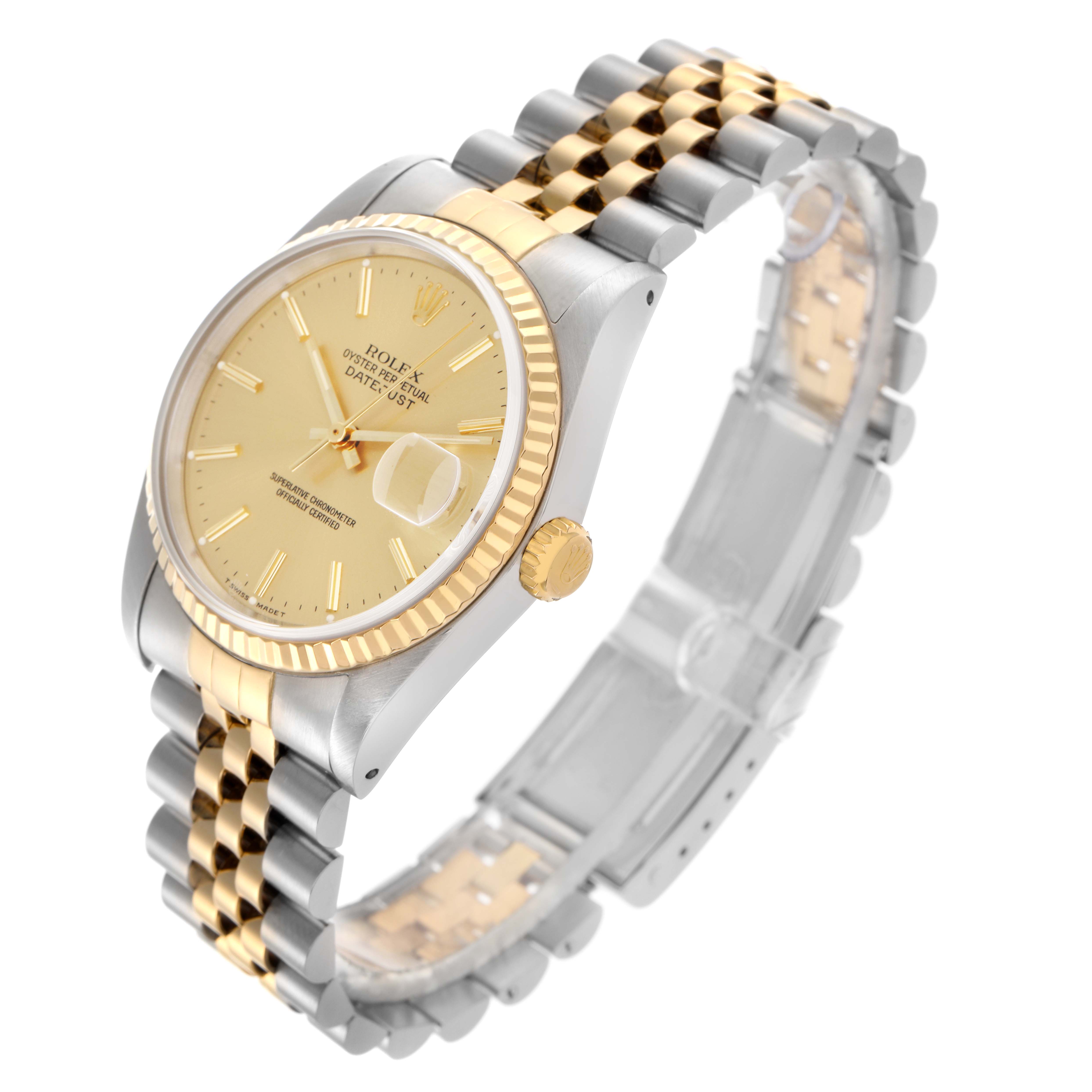 The Rolex Datejust 16233 Men
s Steel and Gold (two tone) Champagne Dial 16233 Men
s Steel and Gold (two tone) Champagne Dial watch is shown at a slight top-side angle, highlighting the dial, bezel, and bracelet.