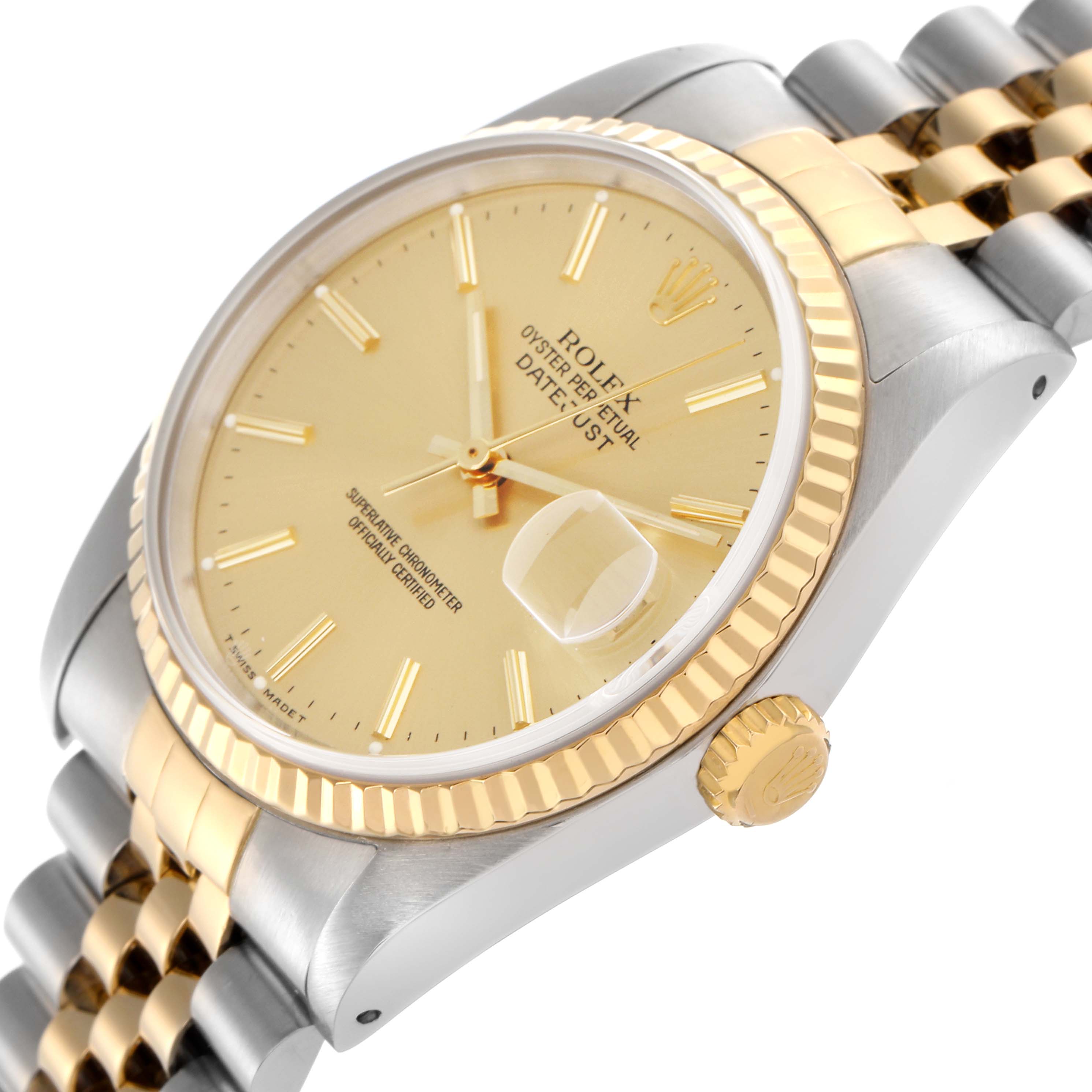 The Rolex Datejust 16233 Men
s Steel and Gold (two tone) Champagne Dial 16233 Men
s Steel and Gold (two tone) Champagne Dial is shown at a three-quarter angle, highlighting the gold bezel, dial, and part of the two-tone bracelet.