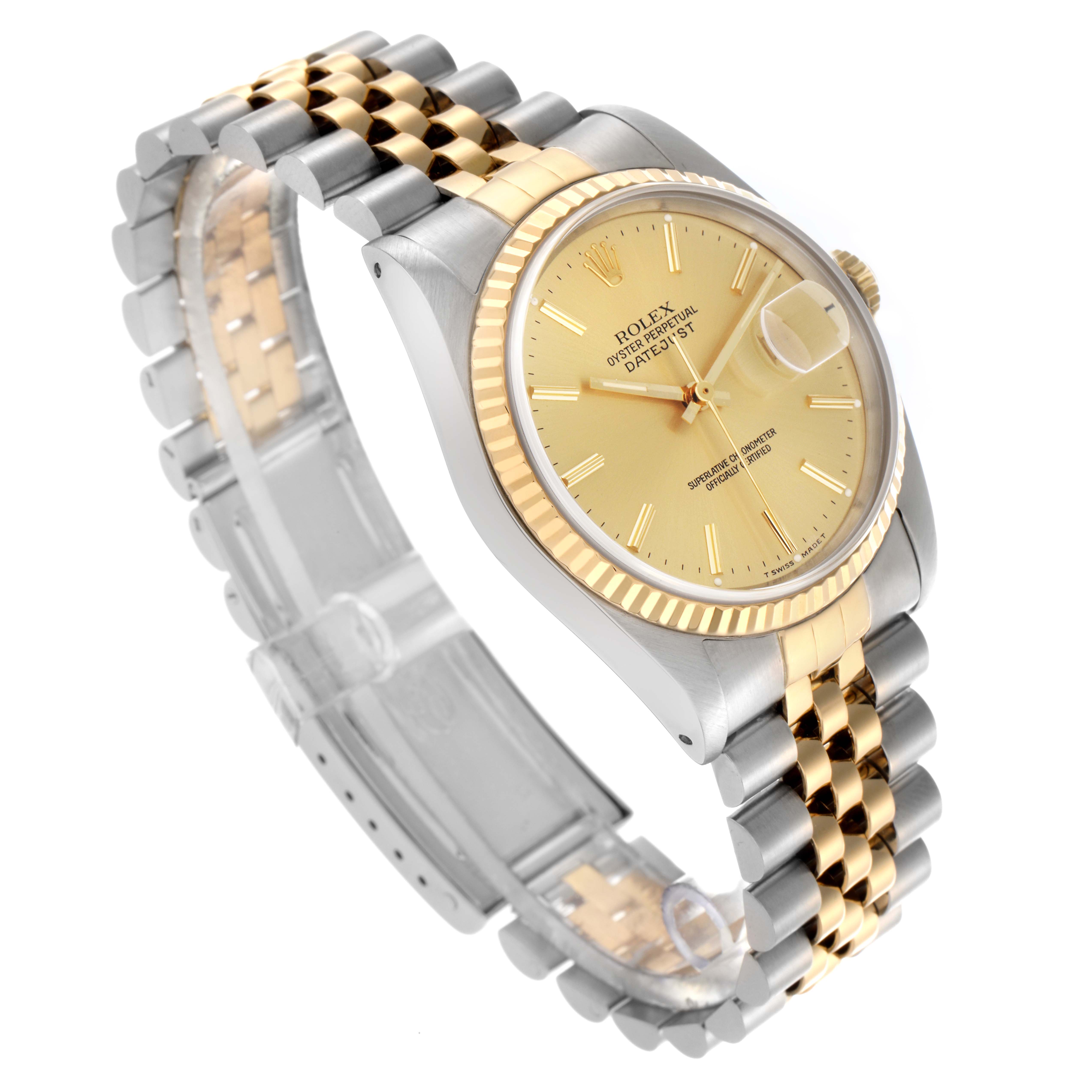 The Rolex Datejust 16233 Men
s Steel and Gold (two tone) Champagne Dial 16233 Men
s Steel and Gold (two tone) Champagne Dial watch is angled to show the dial, fluted bezel, and two-tone Jubilee bracelet.