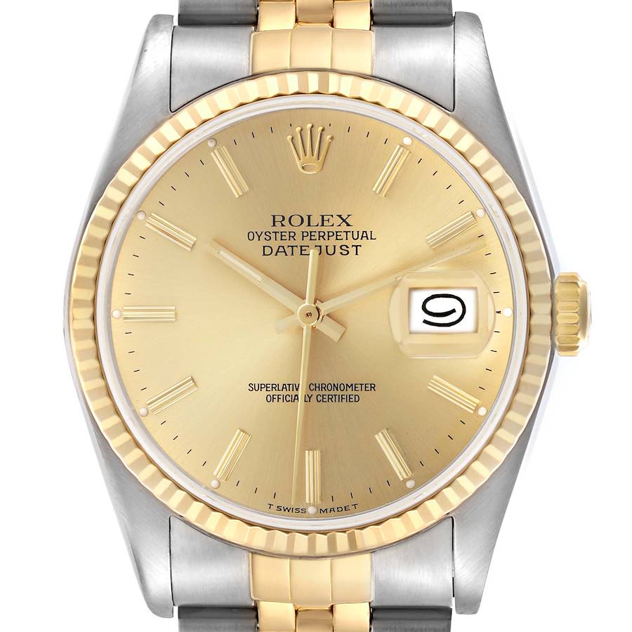 The Rolex Datejust watch is shown from a front angle, highlighting the dial, bezel, crown, and part of the bracelet.